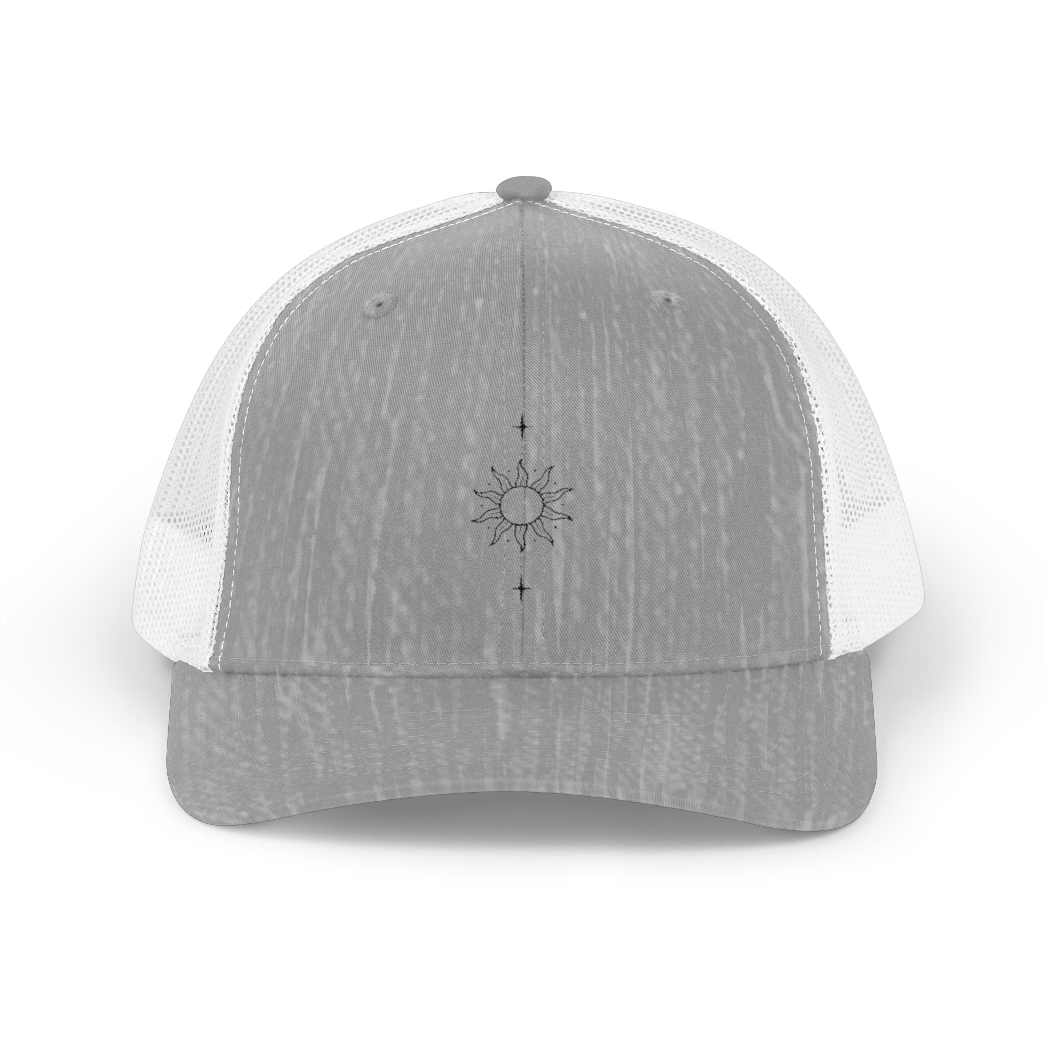 Minimal Sun Compass Trucker Cap — Embroidered Tiny Sun & Compass Mesh Snapback