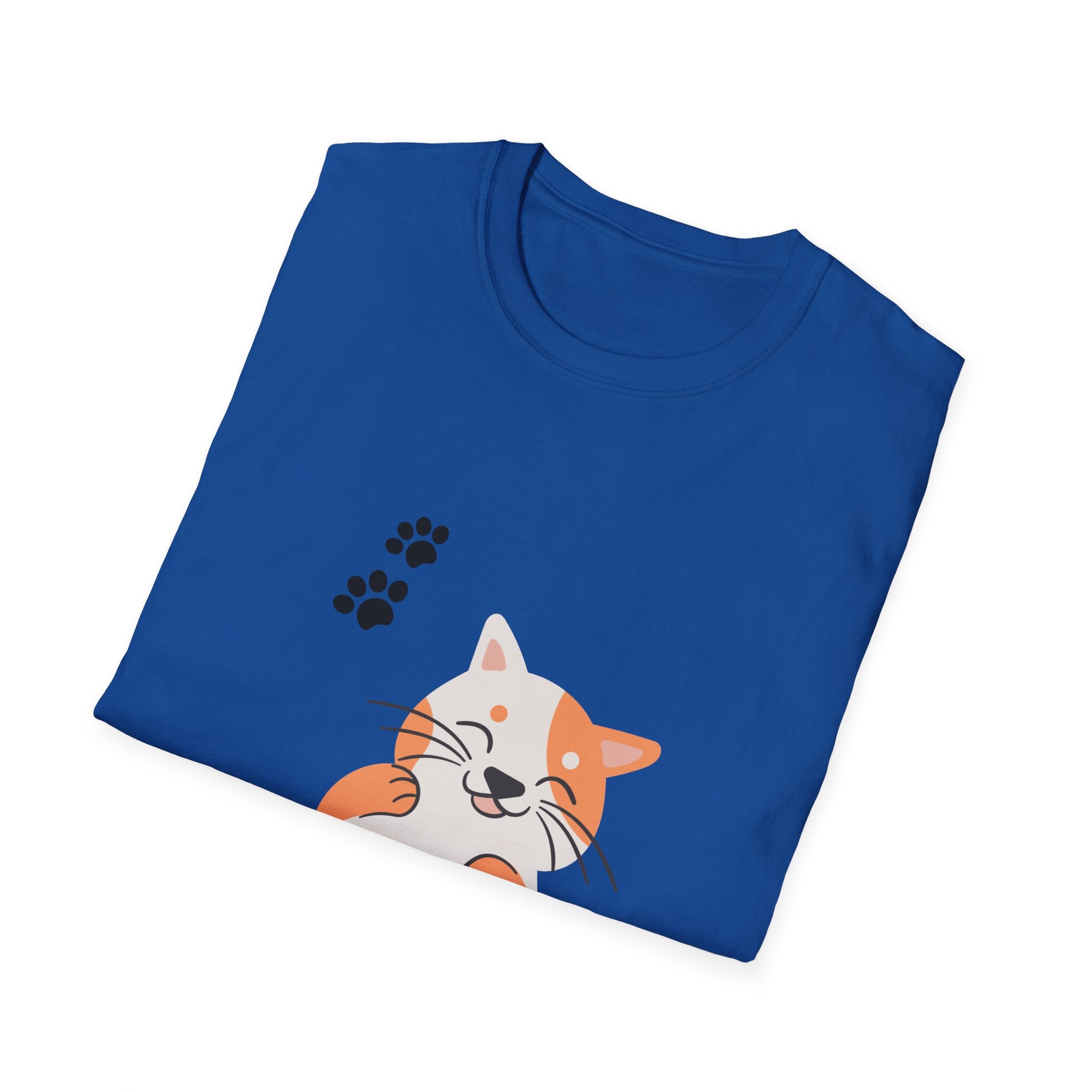 Cute Paw-Print Cat T-Shirt — Smiling Calico Kitten Graphic Tee for Cat Lovers