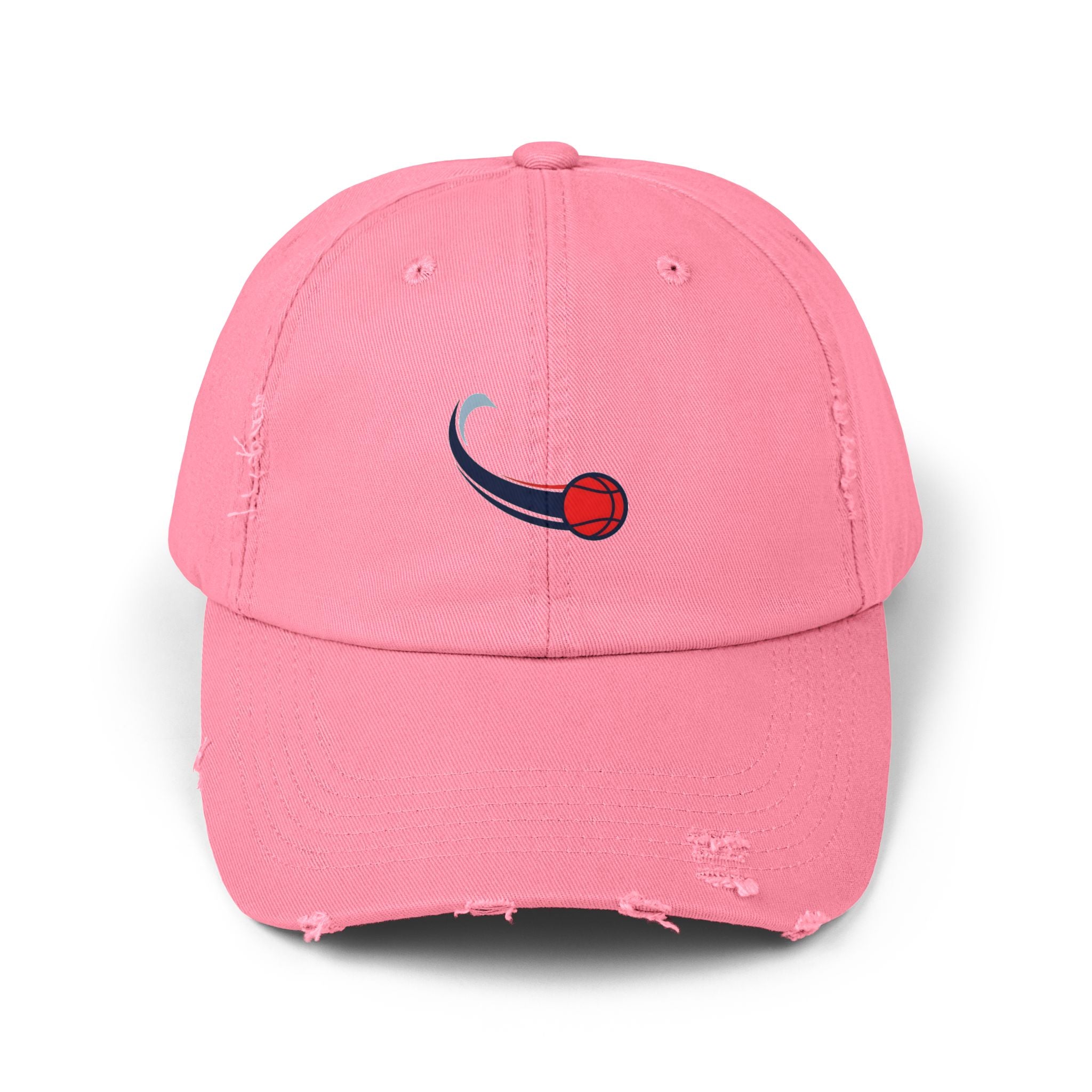 Distressed Baseball Cap with Red Swirl Ball Embroidered Design