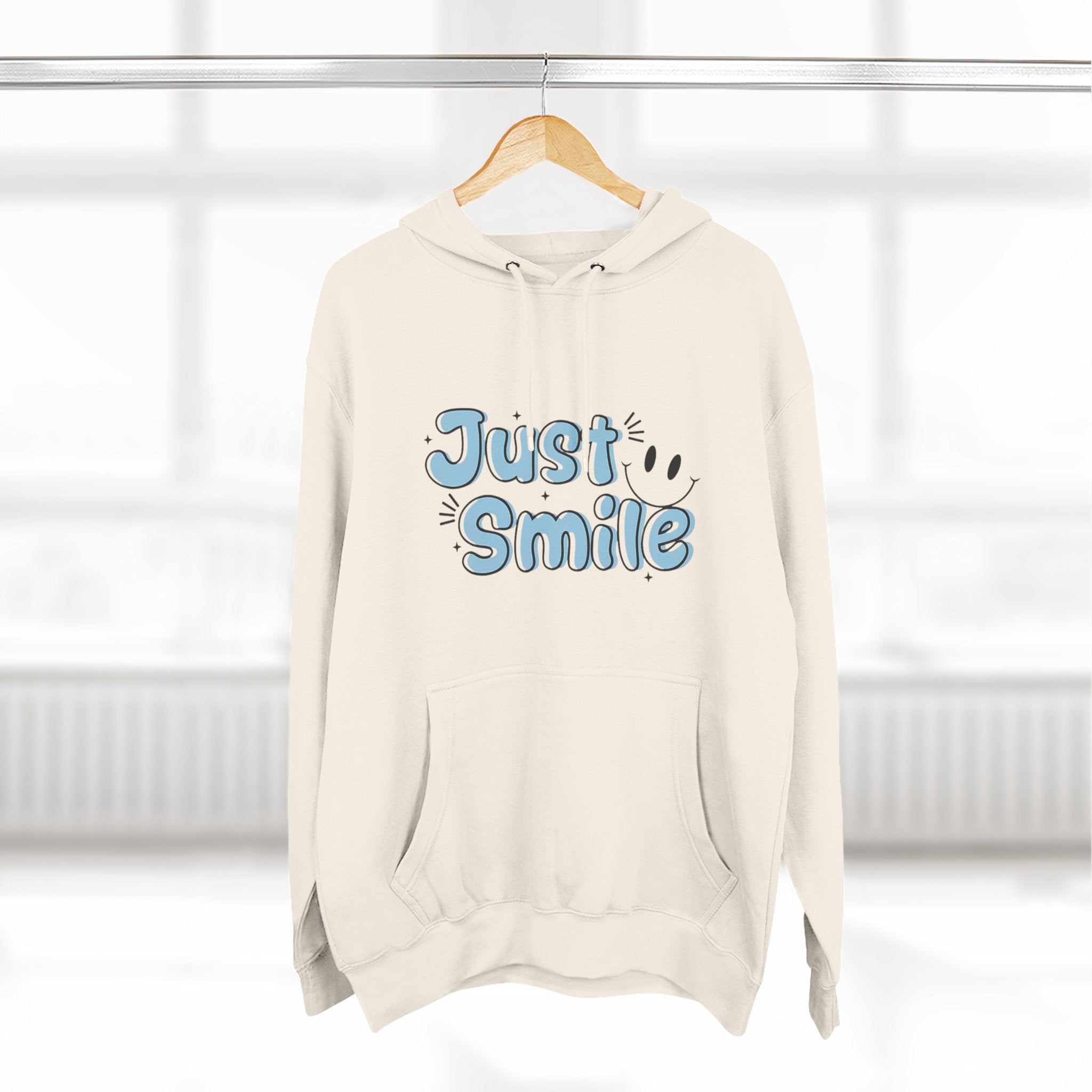 Just Smile Three-Panel Fleece Hoodie, Cozy Hoodie, Gift for Her, Motivational Apparel, Casual Wear, Cute Sweatshirt