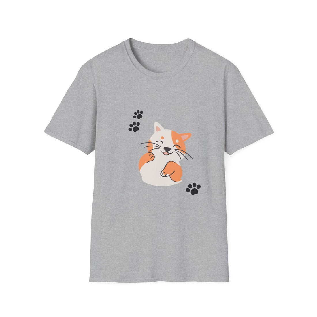 Cute Paw-Print Cat T-Shirt — Smiling Calico Kitten Graphic Tee for Cat Lovers