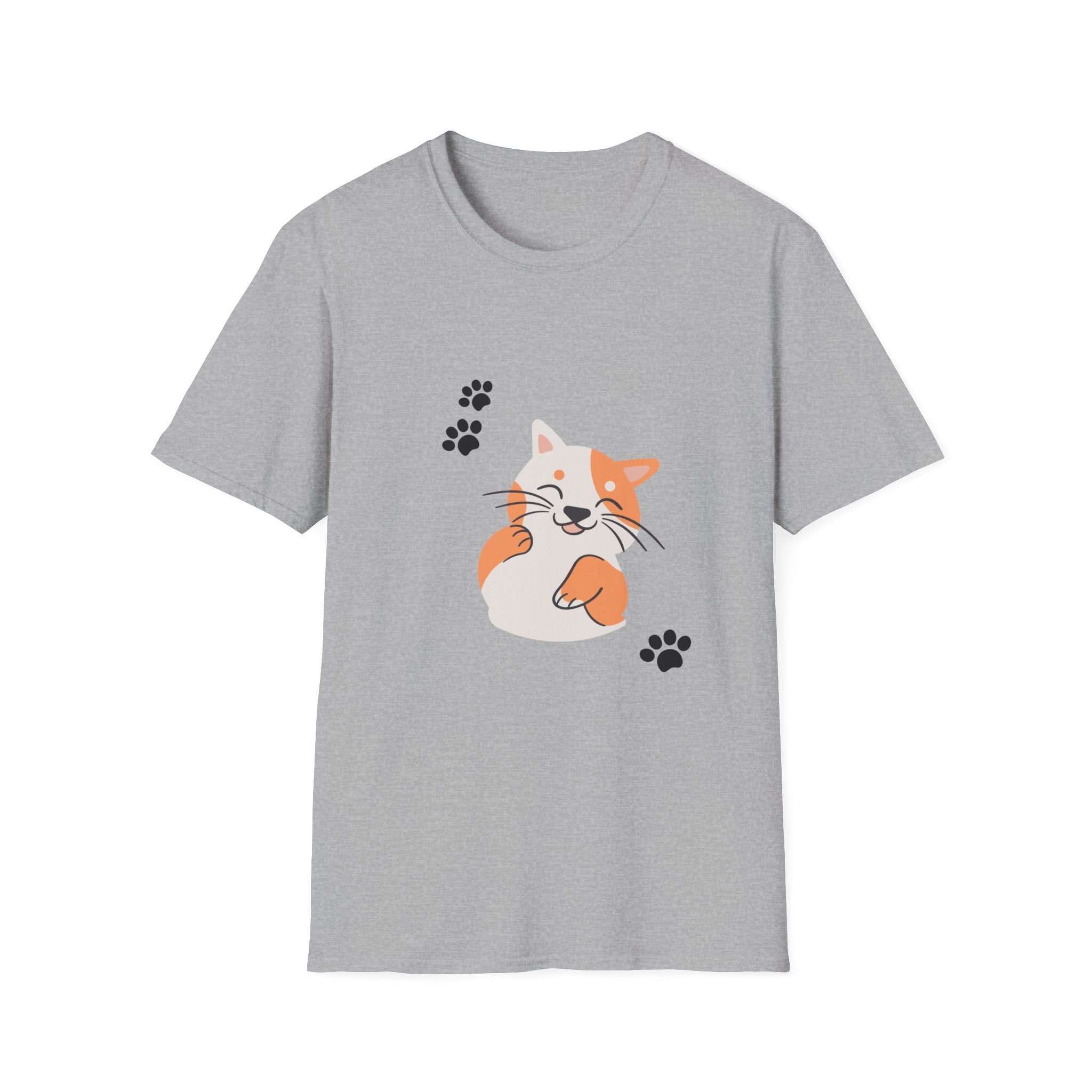 Cute Paw-Print Cat T-Shirt — Smiling Calico Kitten Graphic Tee for Cat Lovers