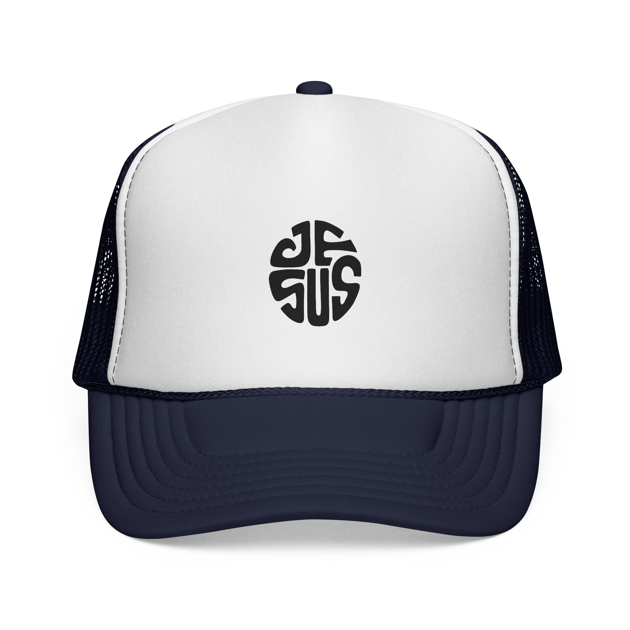 Trucker Cap — Retro Circular “JESUS” Logo Embroidered Hat
