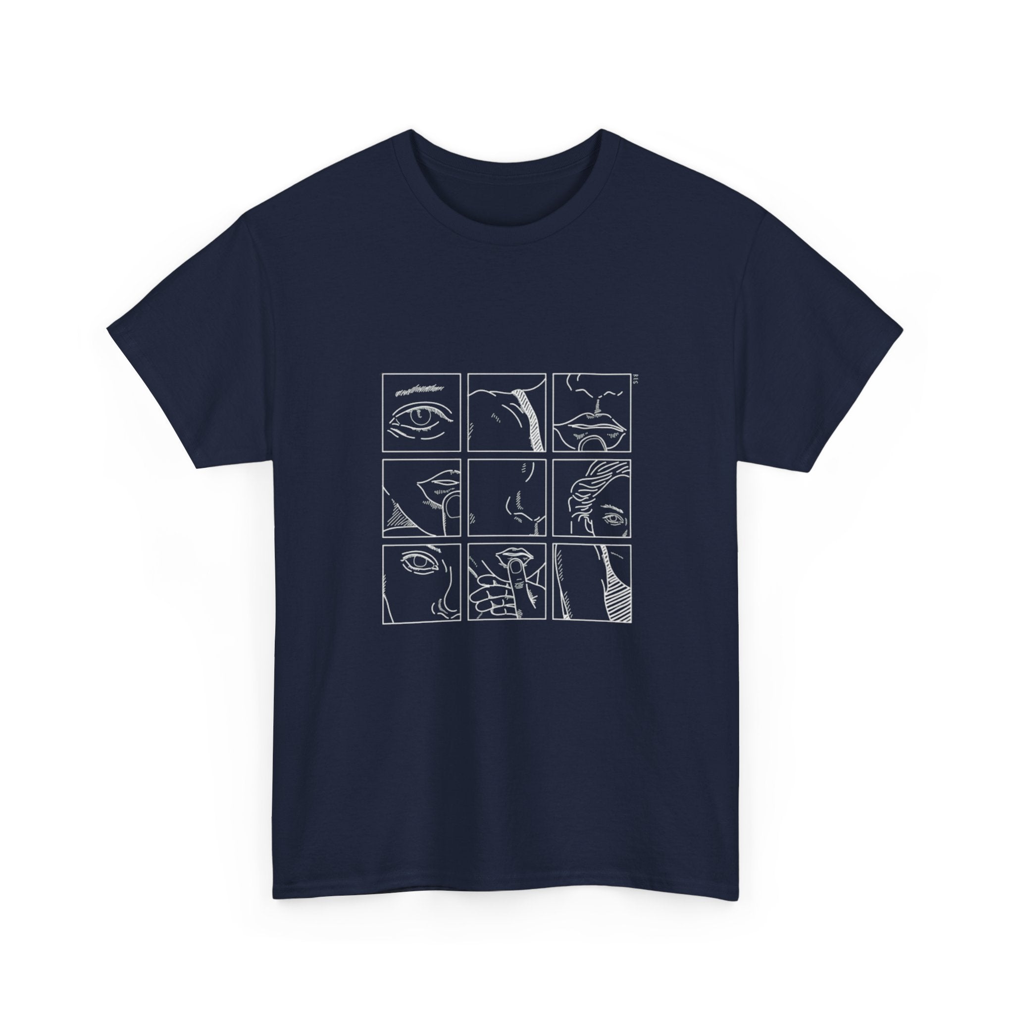 Graphic Tee — 'Here' Block Letter Design with Abstract Faces