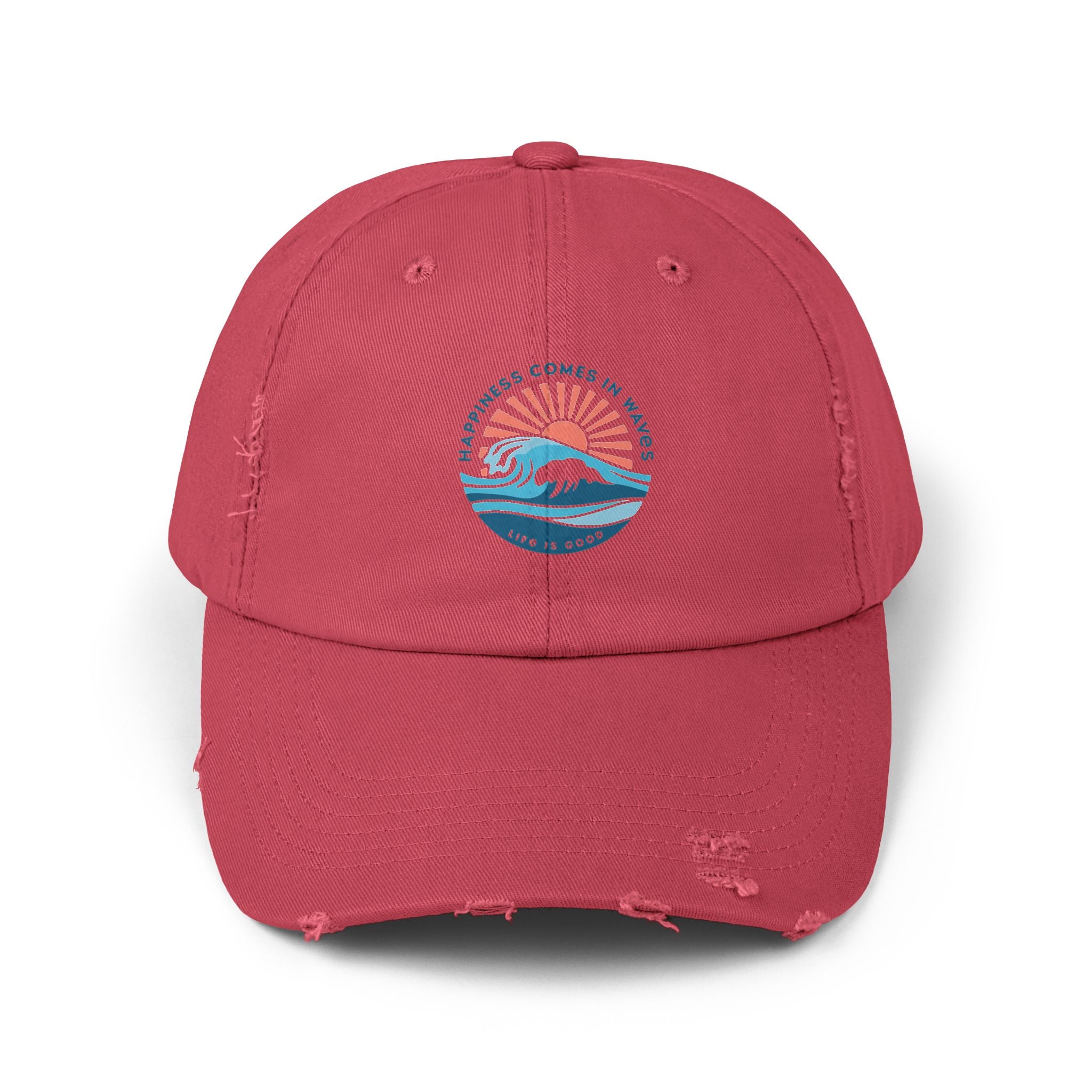 Distressed Black Cap — 'Gone to the Beach' Retro Sunrise Embroidered Hat