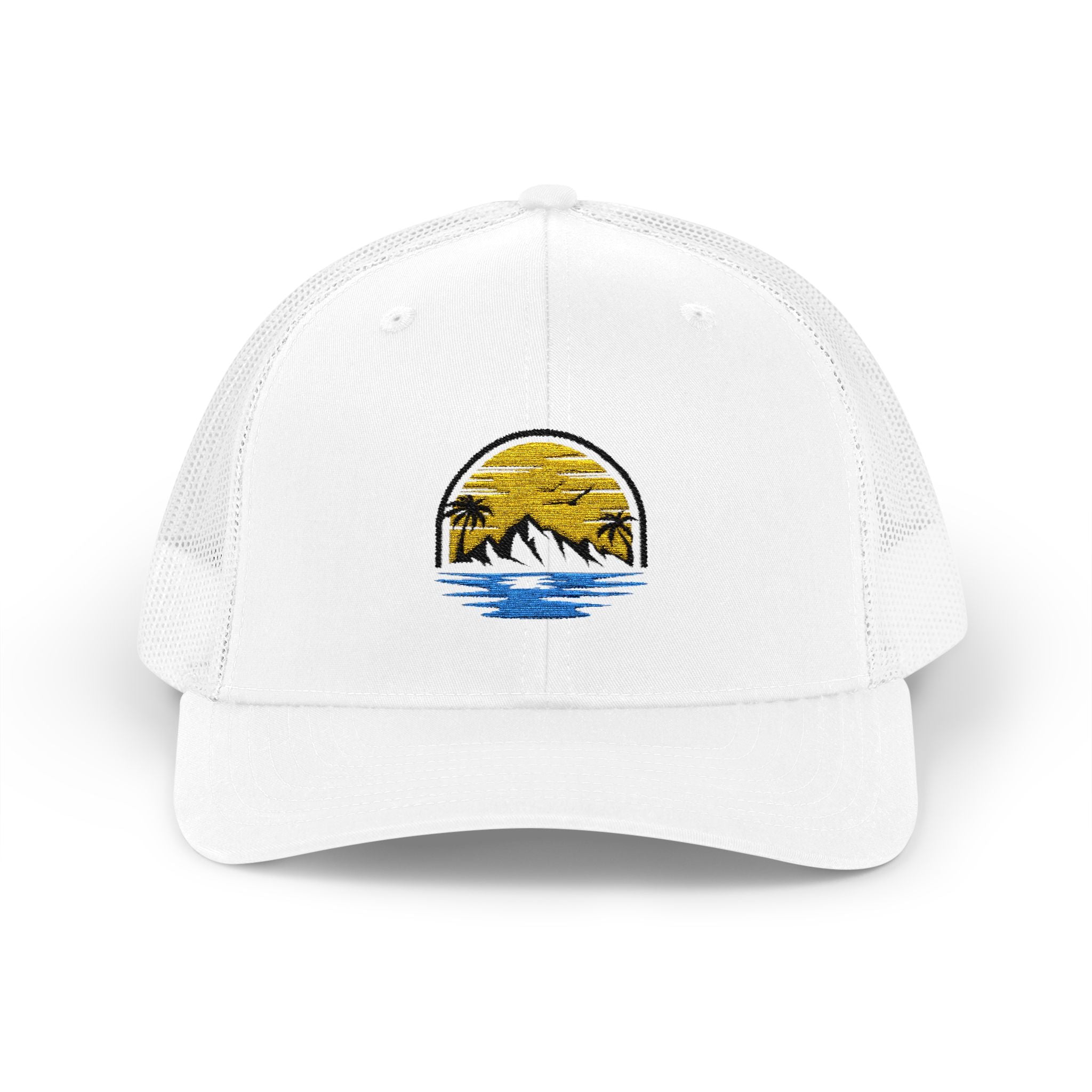 Trucker Cap — Embroidered Sunset Mountain & Ocean Patch