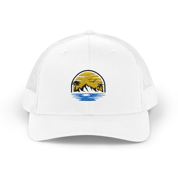 Trucker Cap — Embroidered Sunset Mountain & Ocean Patch