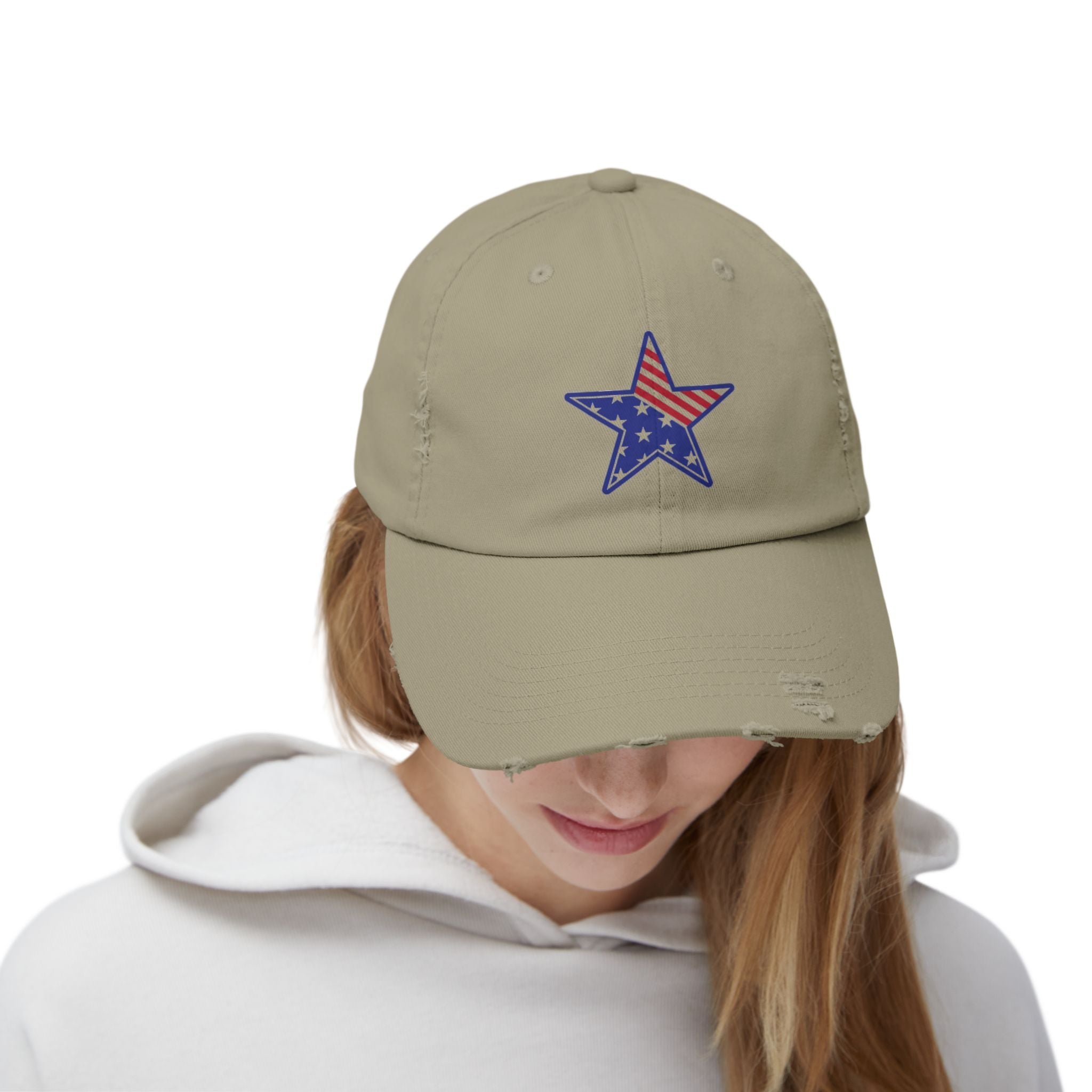 Distressed Baseball Cap with American Flag Star - Patriotic Dad Hat for 4th of July