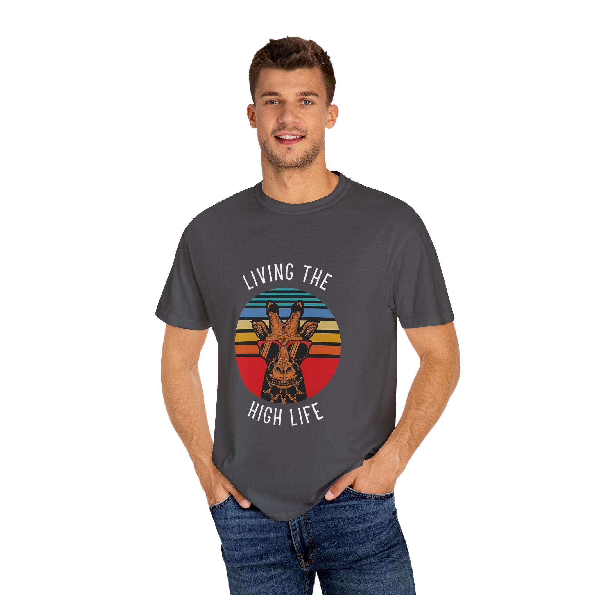Living The High Life Giraffe T-Shirt | Unisex Garment-Dyed Tee, Trendy Animal Shirt, Birthday Gift, Casual Wear, Summer Style