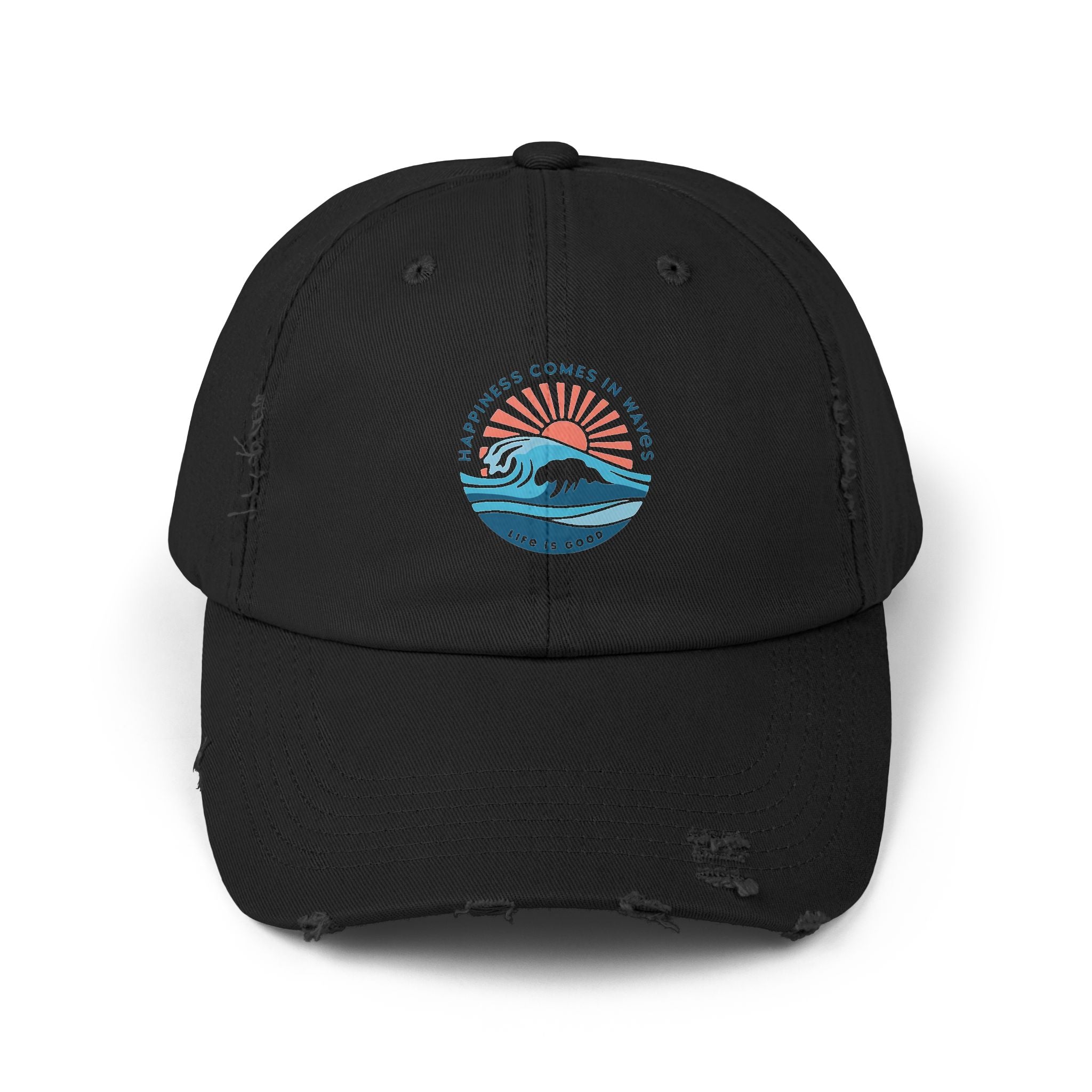 Distressed Black Cap — 'Gone to the Beach' Retro Sunrise Embroidered Hat