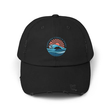 Distressed Black Cap — 'Gone to the Beach' Retro Sunrise Embroidered Hat