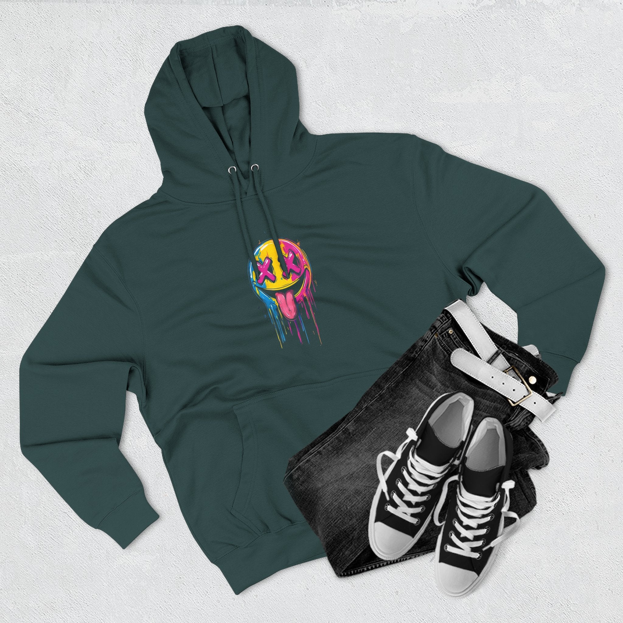 Colorful Drippy Smile Hoodie, Unisex Fleece Sweatshirt, Graphic Hoodie for Festivals, Streetwear, Casual Wear