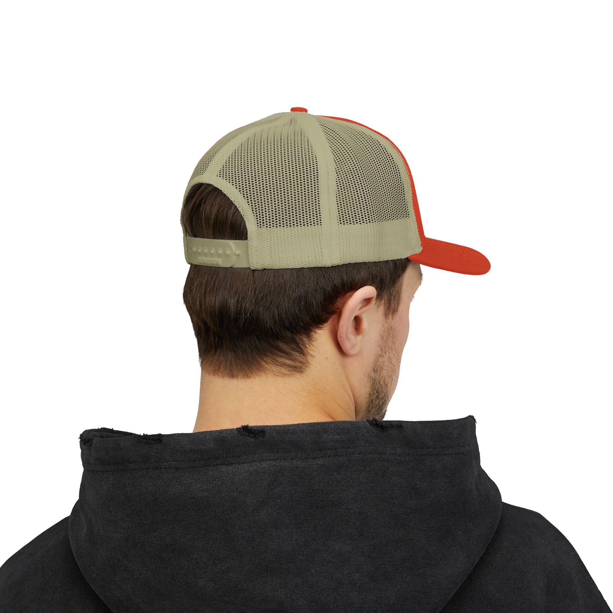 Retro Orange Trucker Cap with Minimal House Outline Embroidery