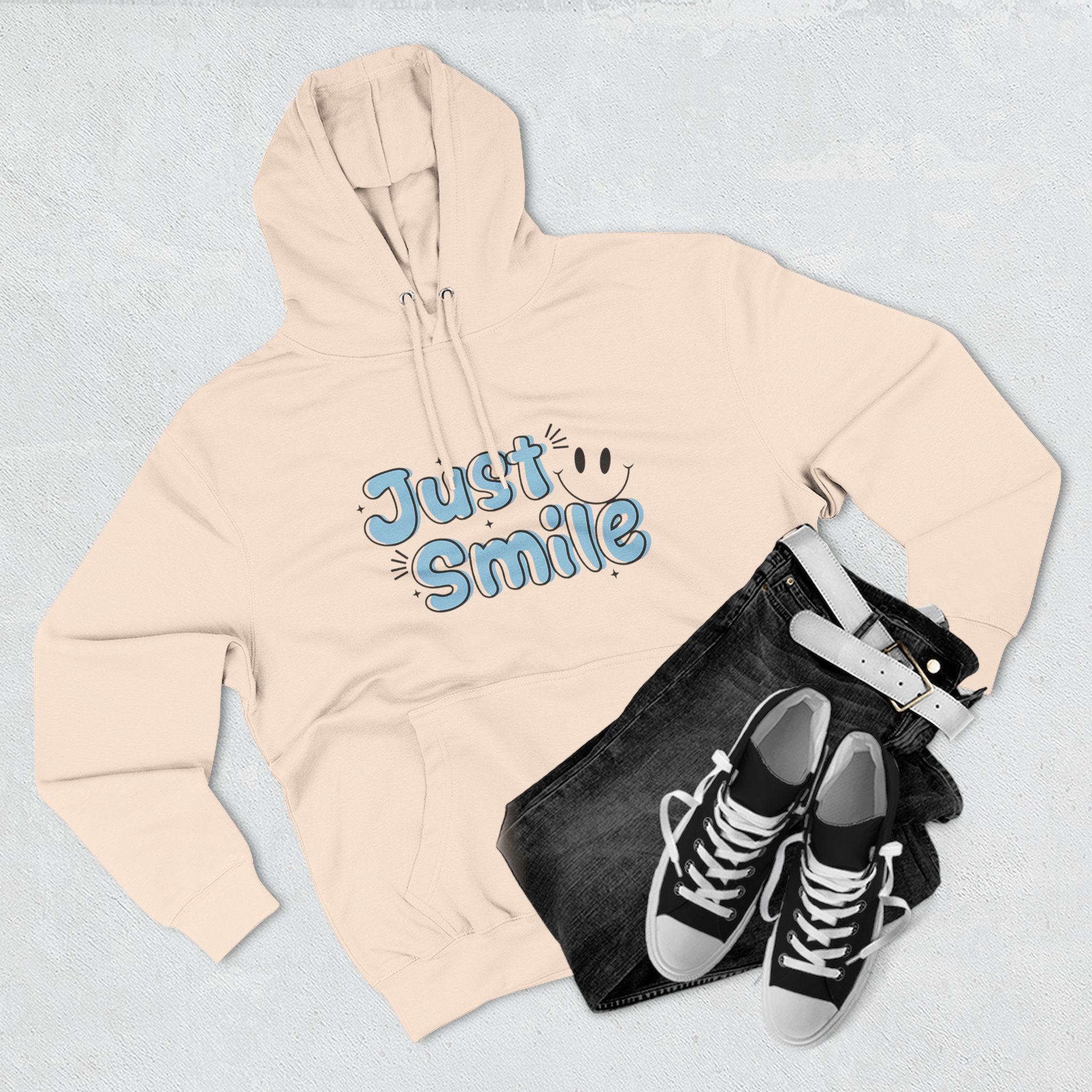Just Smile Three-Panel Fleece Hoodie, Cozy Hoodie, Gift for Her, Motivational Apparel, Casual Wear, Cute Sweatshirt