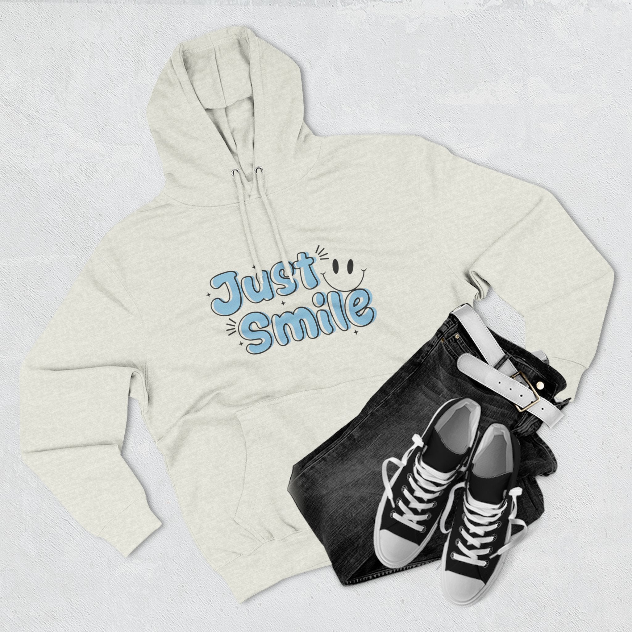 Just Smile Three-Panel Fleece Hoodie, Cozy Hoodie, Gift for Her, Motivational Apparel, Casual Wear, Cute Sweatshirt