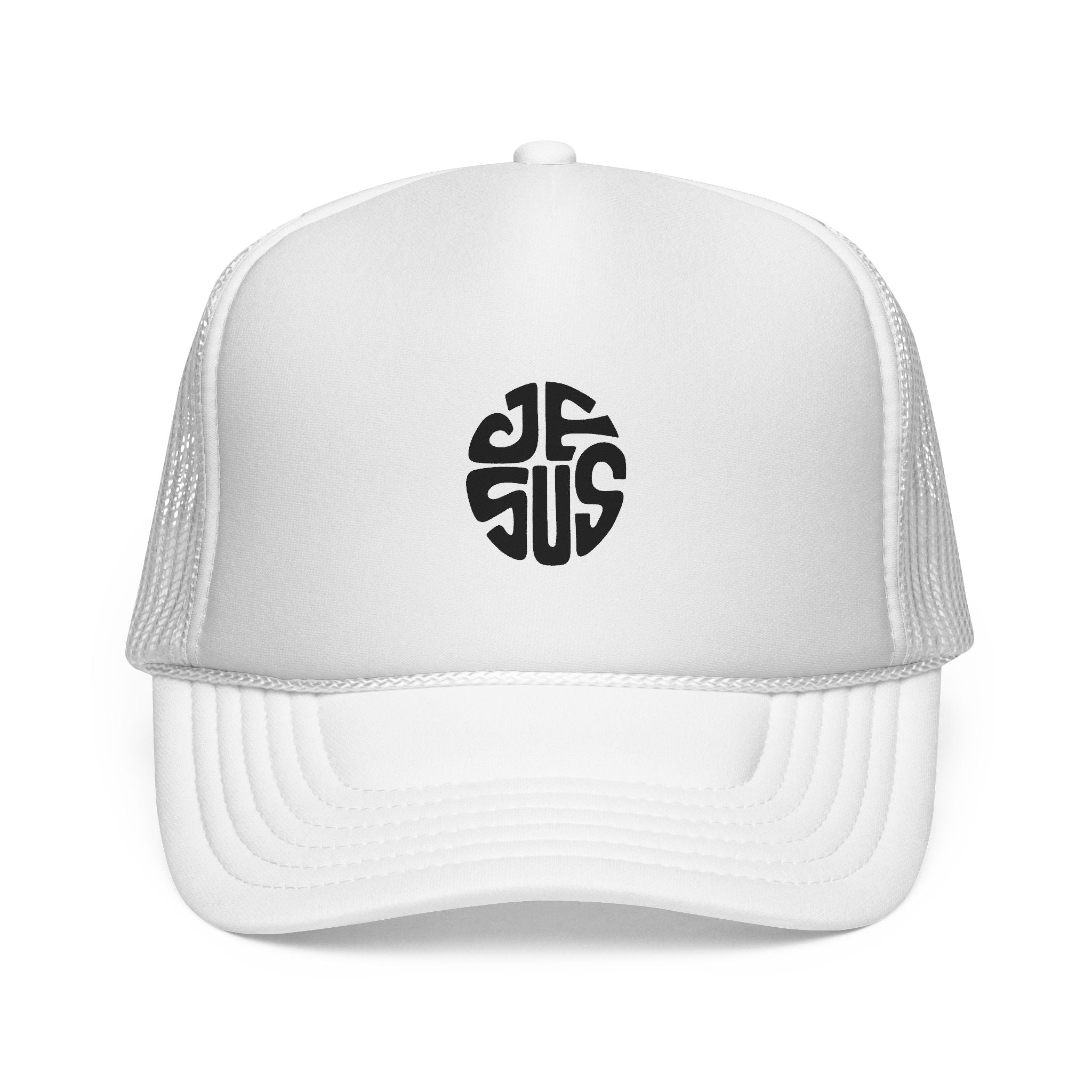 Trucker Cap — Retro Circular “JESUS” Logo Embroidered Hat