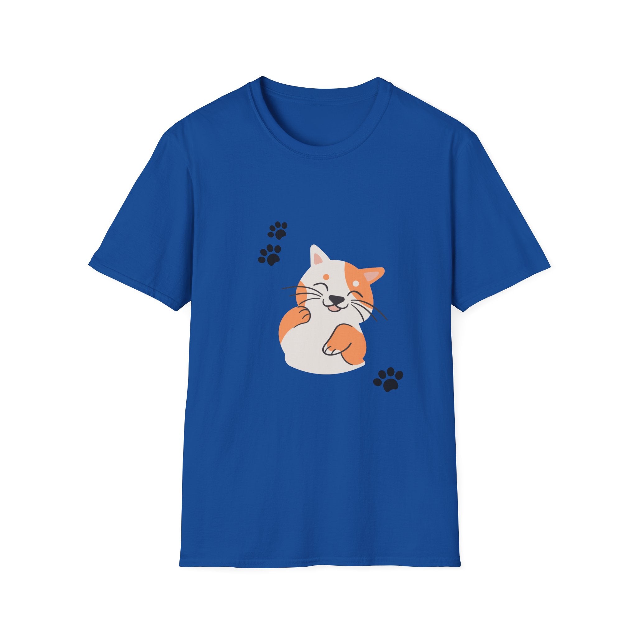 Cute Paw-Print Cat T-Shirt — Smiling Calico Kitten Graphic Tee for Cat Lovers