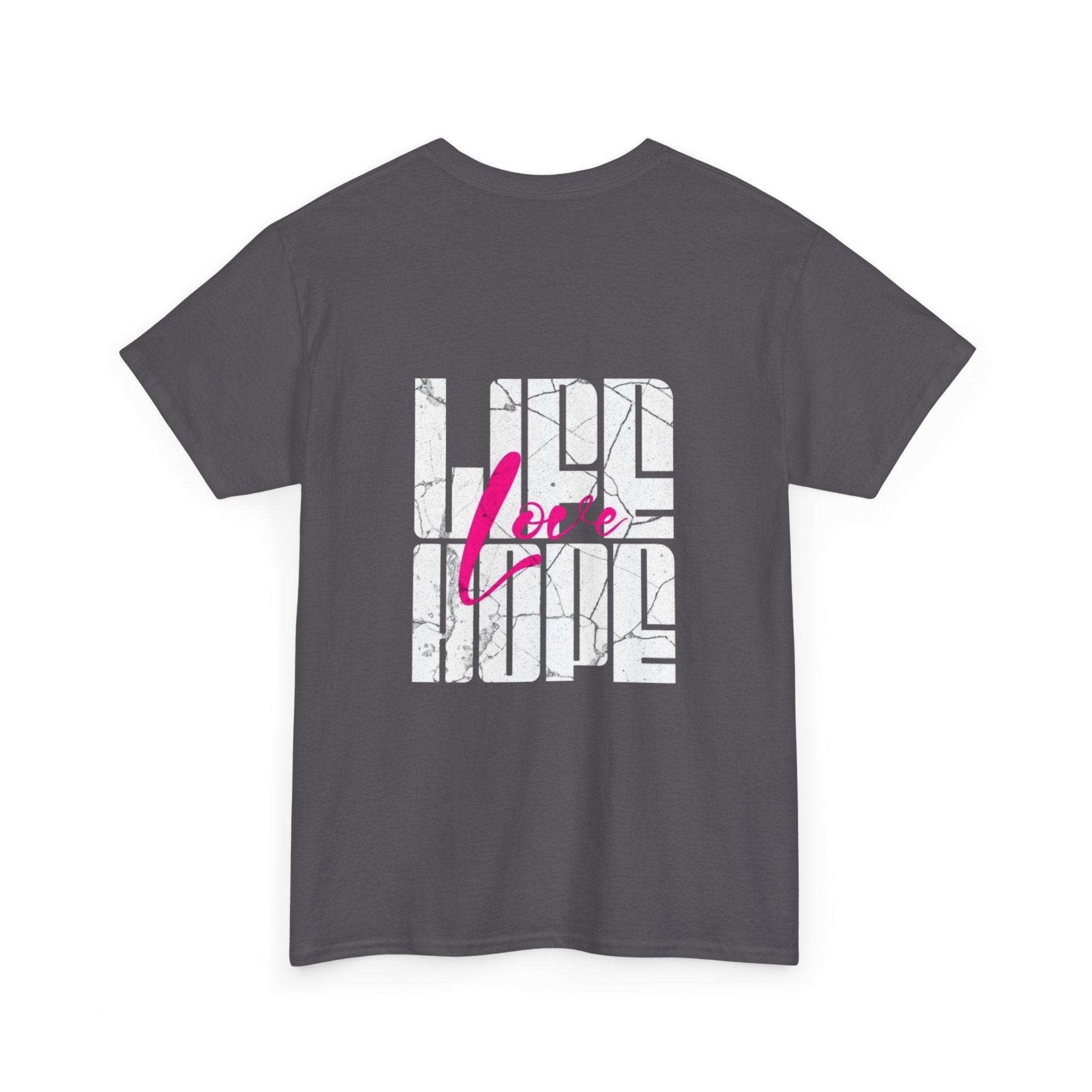 Graphic Tee — 'Here' Block Letter Design with Abstract Faces