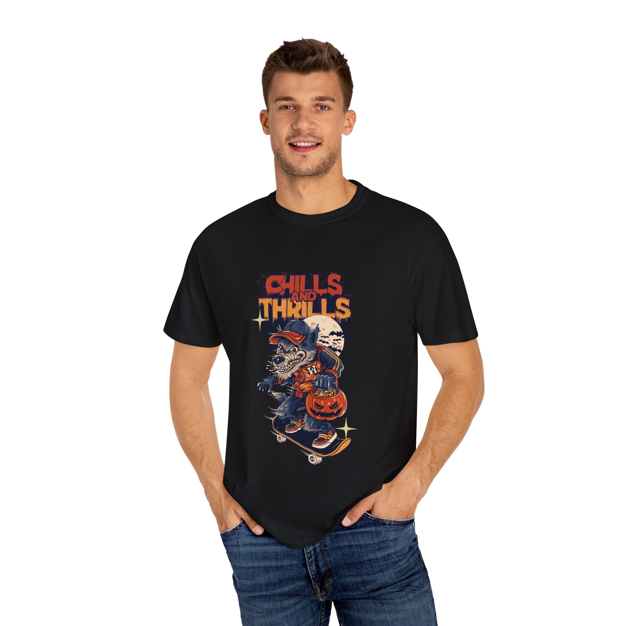 Chills and Thrills Graphic T-Shirt, Unisex Tee, Halloween Apparel, Skateboarder Shirt, Spooky Casual Wear, Perfect Gift for Fall