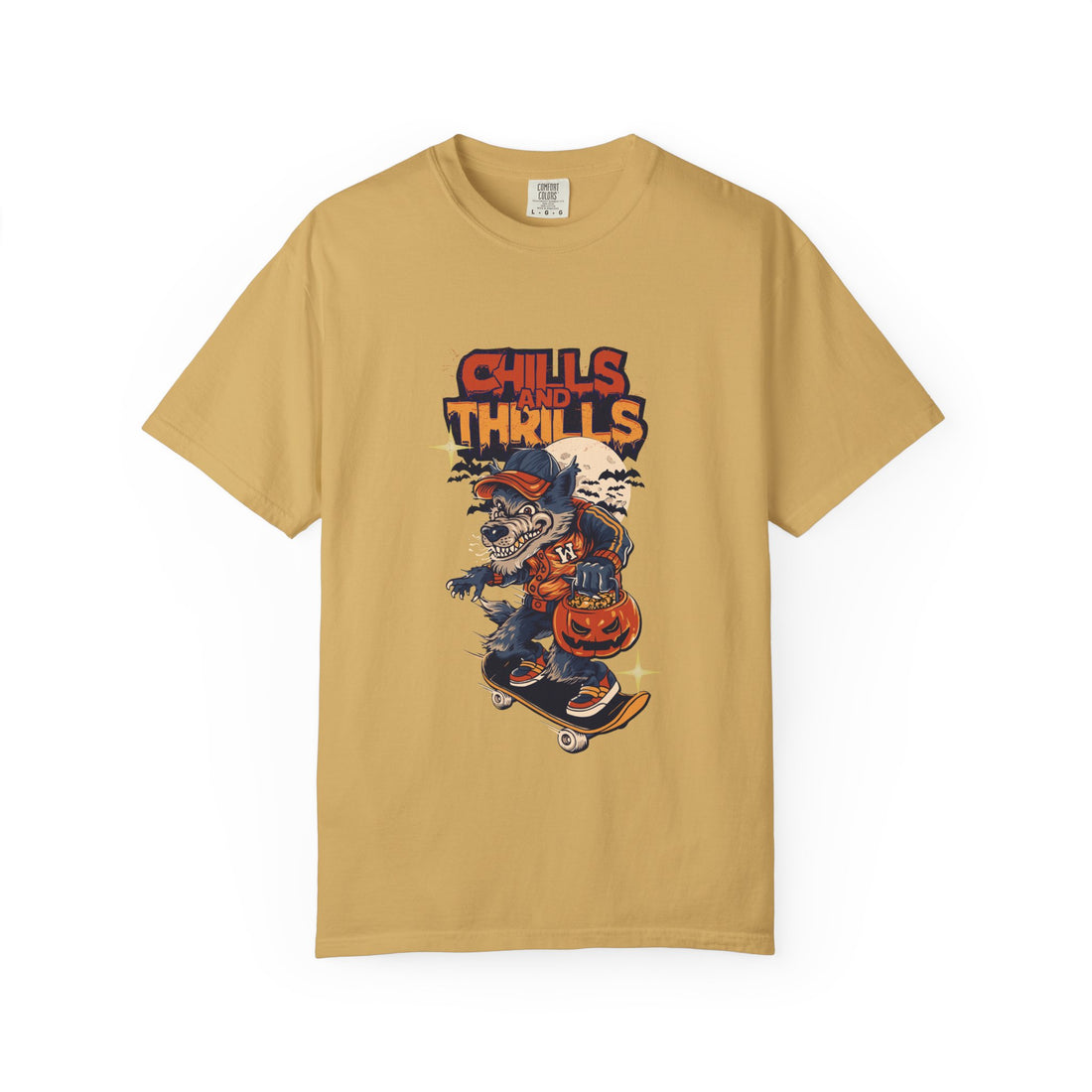Chills and Thrills Graphic T-Shirt, Unisex Tee, Halloween Apparel, Skateboarder Shirt, Spooky Casual Wear, Perfect Gift for Fall