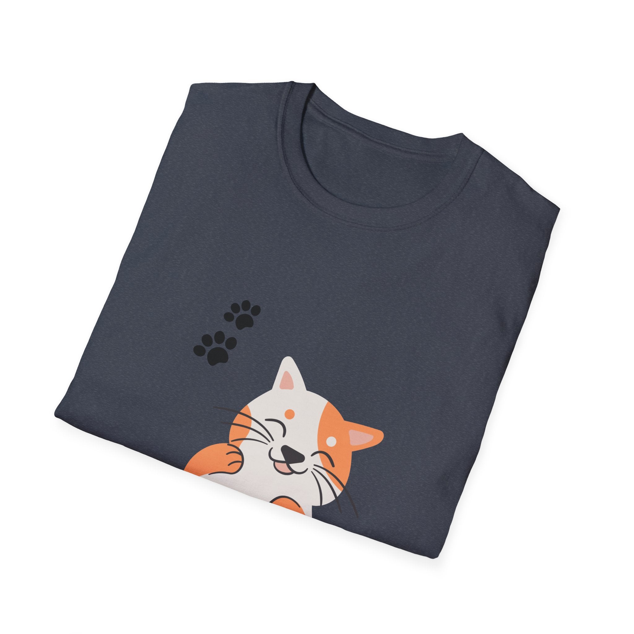 Cute Paw-Print Cat T-Shirt — Smiling Calico Kitten Graphic Tee for Cat Lovers