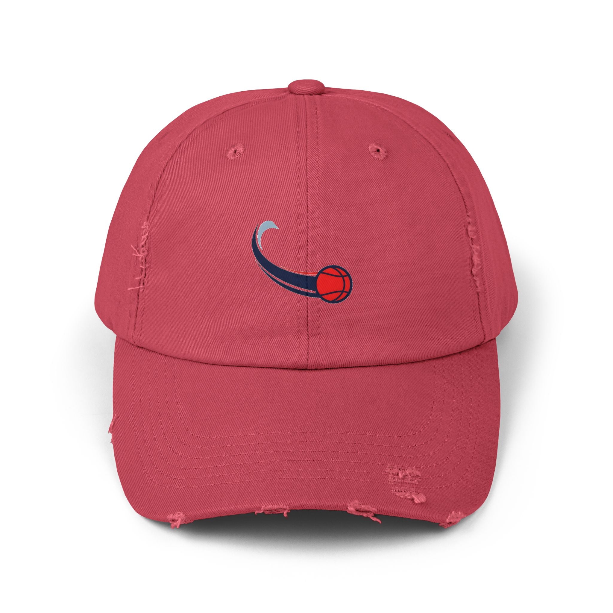Distressed Baseball Cap with Red Swirl Ball Embroidered Design