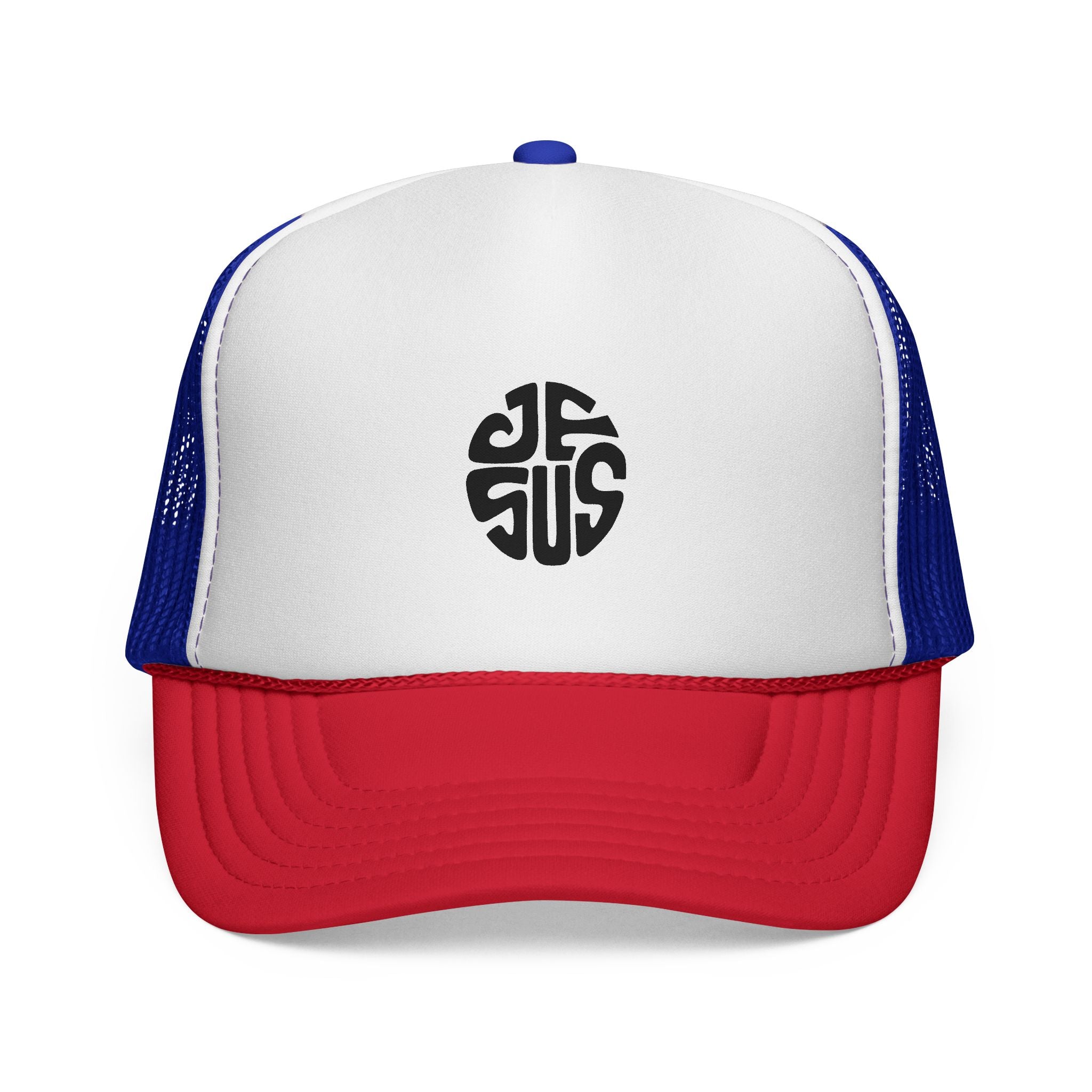 Trucker Cap — Retro Circular “JESUS” Logo Embroidered Hat