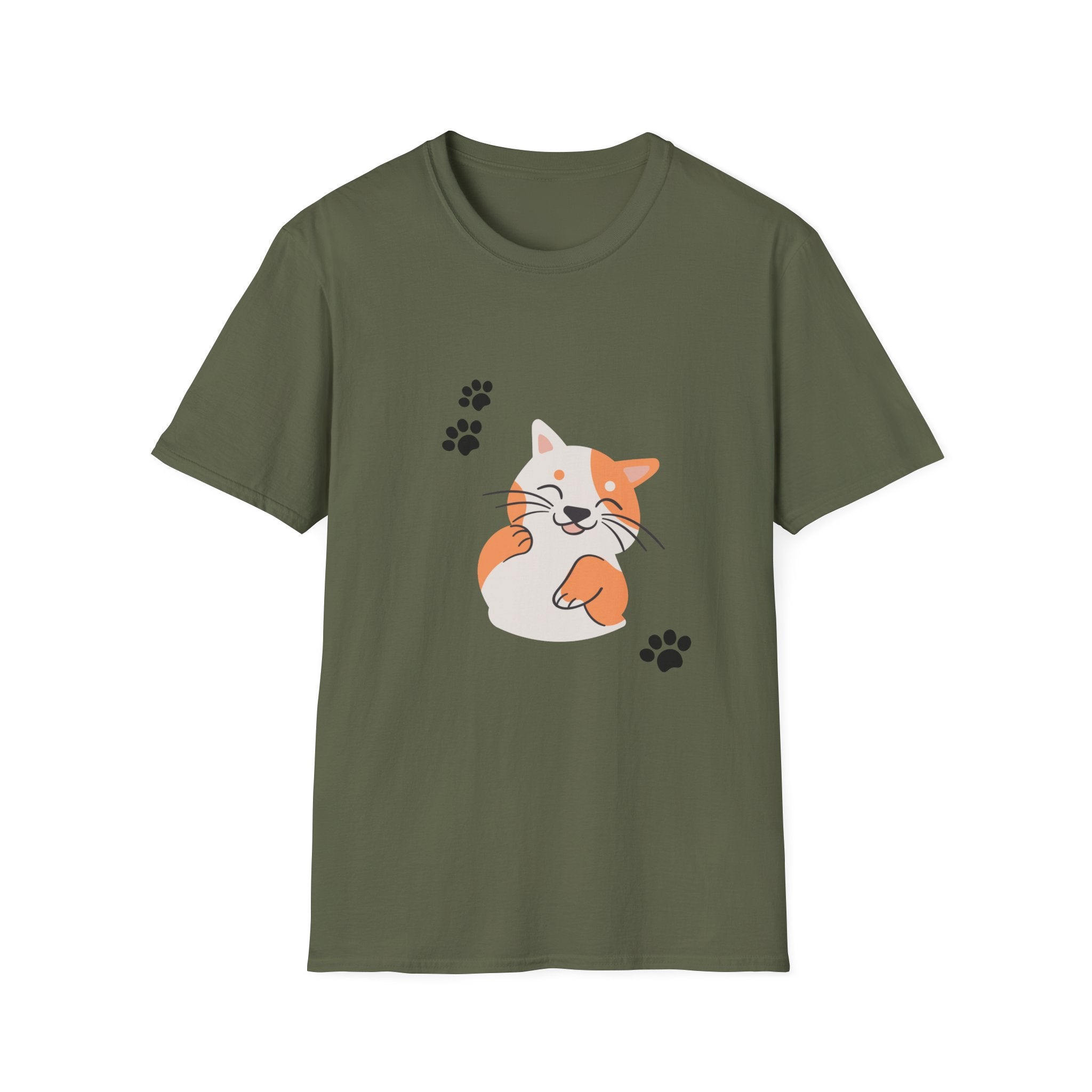 Cute Paw-Print Cat T-Shirt — Smiling Calico Kitten Graphic Tee for Cat Lovers