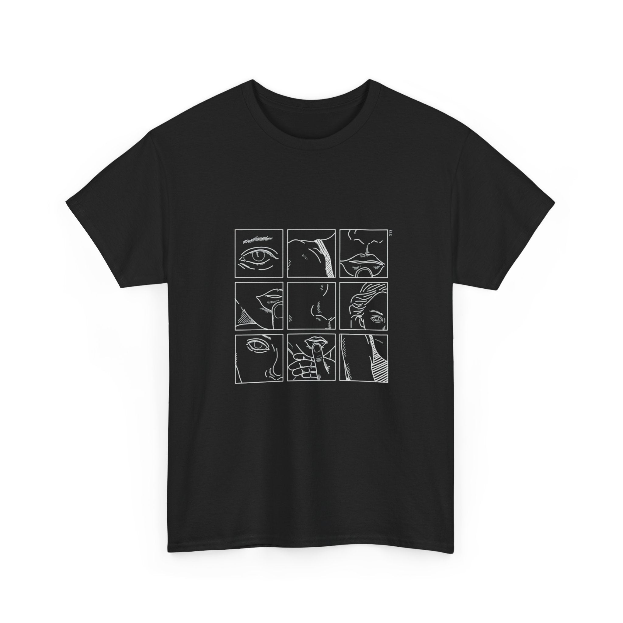 Graphic Tee — 'Here' Block Letter Design with Abstract Faces