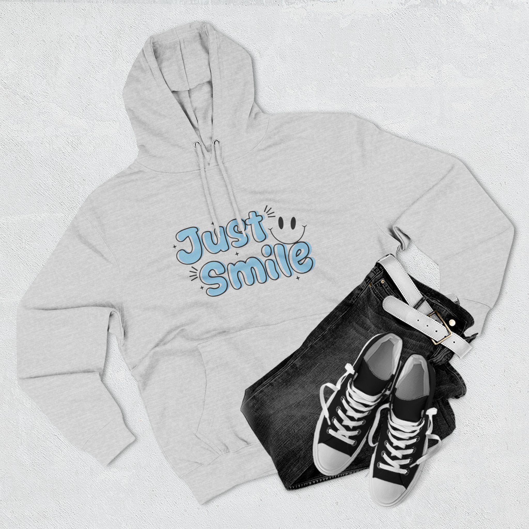 Just Smile Three-Panel Fleece Hoodie, Cozy Hoodie, Gift for Her, Motivational Apparel, Casual Wear, Cute Sweatshirt