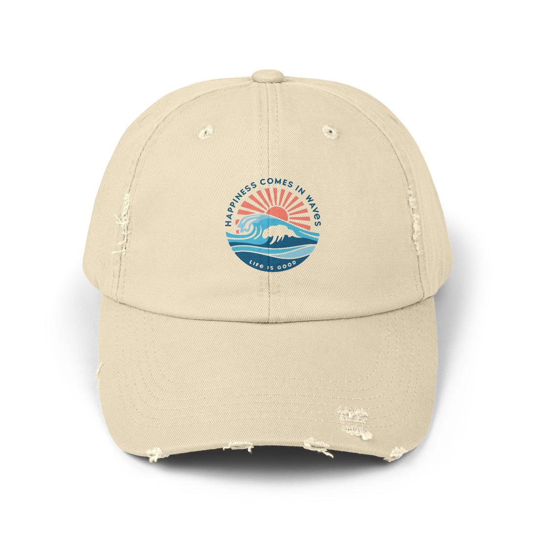 Distressed Black Cap — 'Gone to the Beach' Retro Sunrise Embroidered Hat