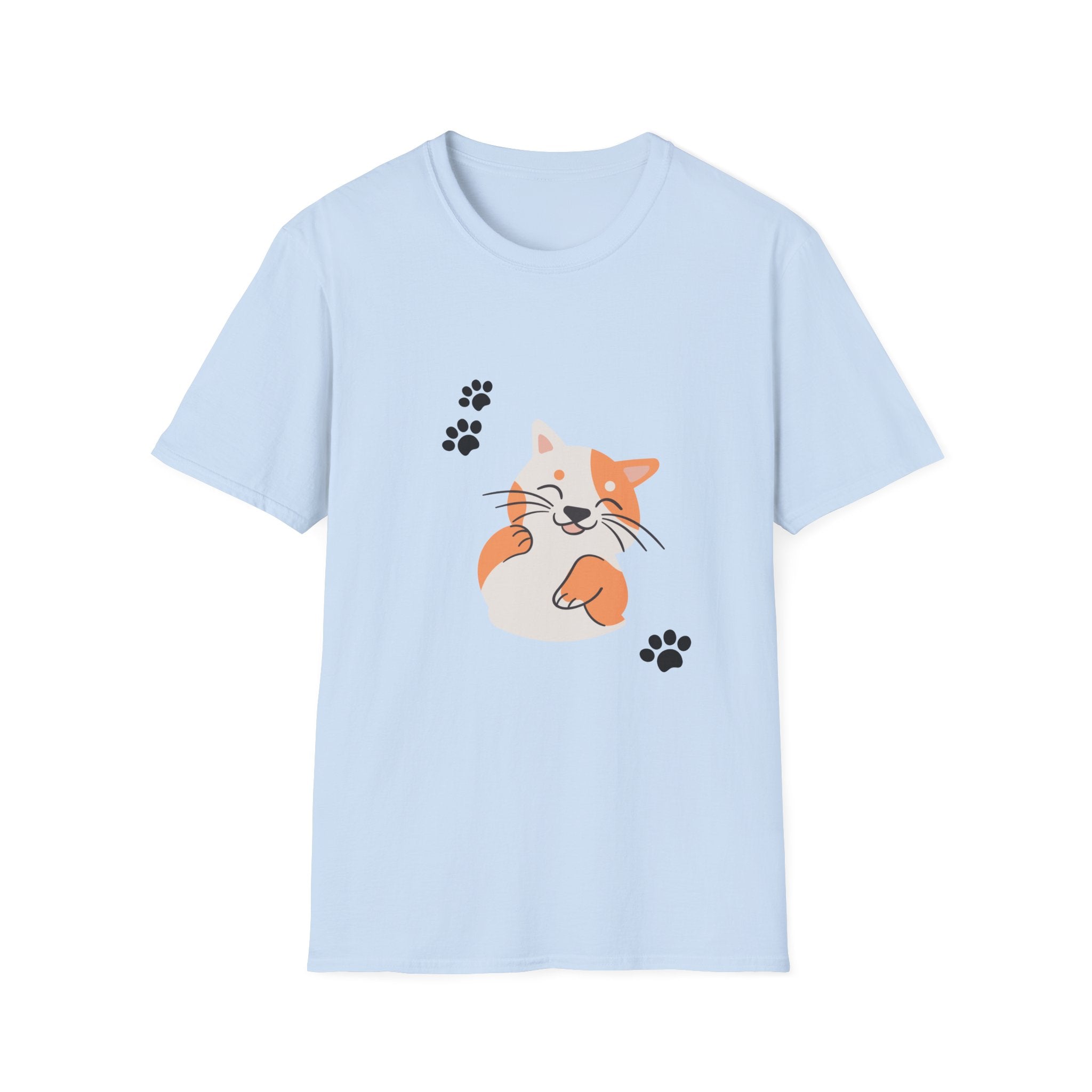 Cute Paw-Print Cat T-Shirt — Smiling Calico Kitten Graphic Tee for Cat Lovers