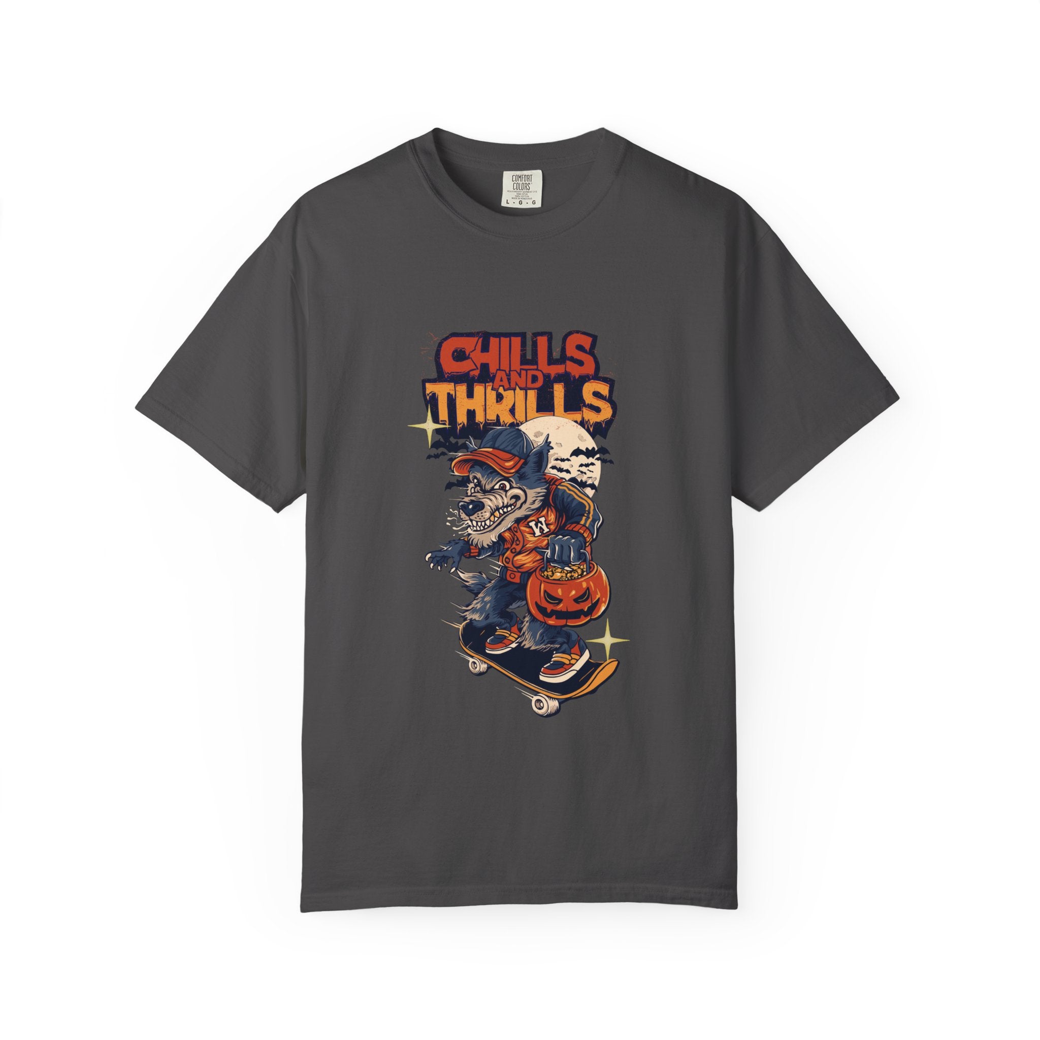 Chills and Thrills Graphic T-Shirt, Unisex Tee, Halloween Apparel, Skateboarder Shirt, Spooky Casual Wear, Perfect Gift for Fall