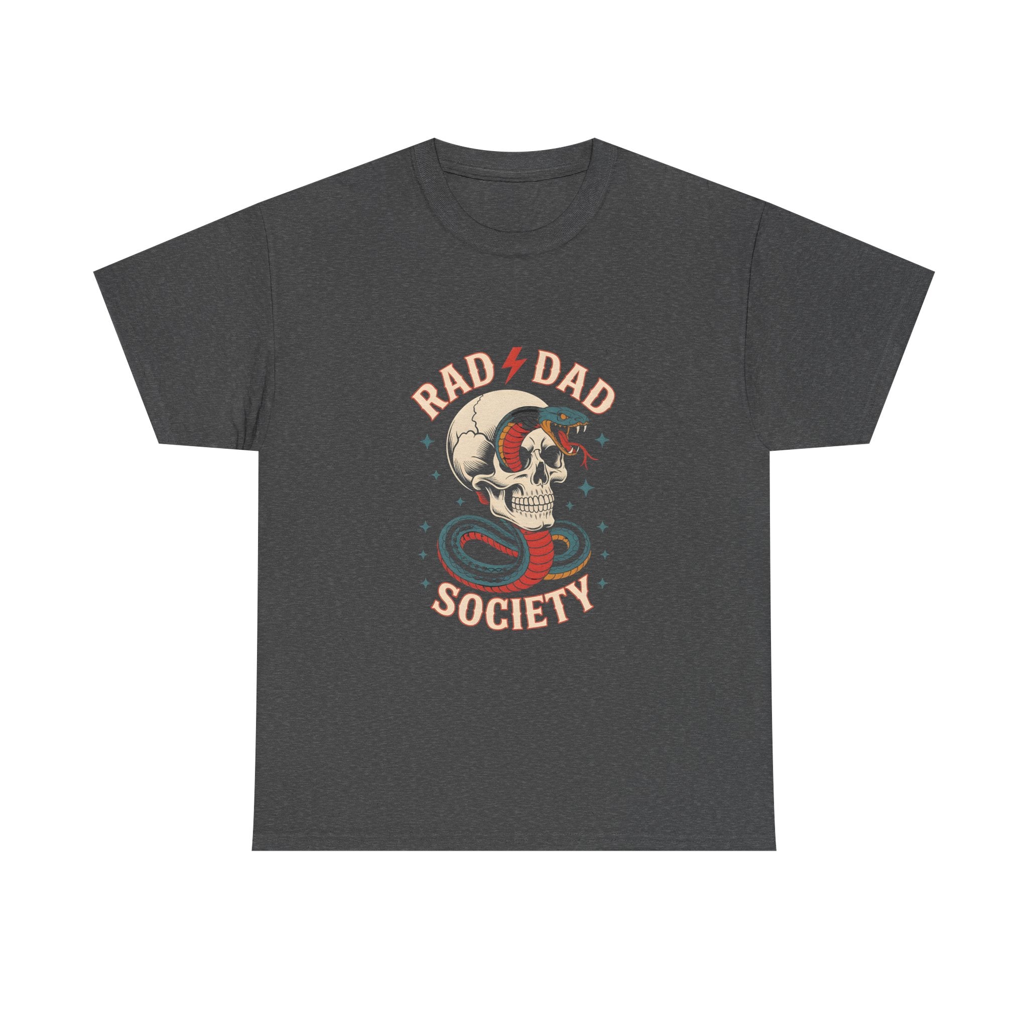 Rad Dad Society Unisex Heavy Cotton Tee, Cool Dad Gift, Vintage Skull Shirt, Perfect for Father's Day, Casual Wear, Fun Gift Idea