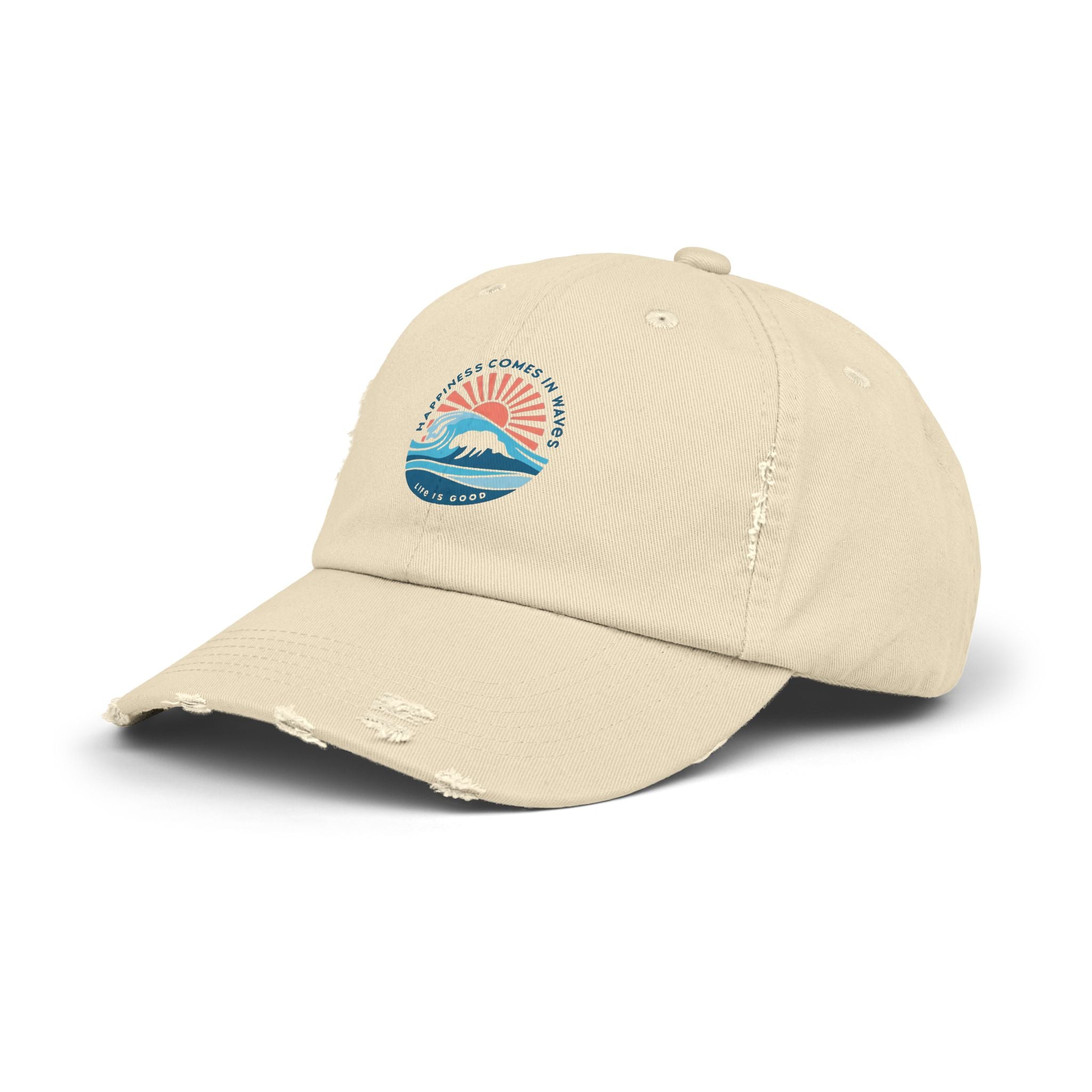 Distressed Black Cap — 'Gone to the Beach' Retro Sunrise Embroidered Hat