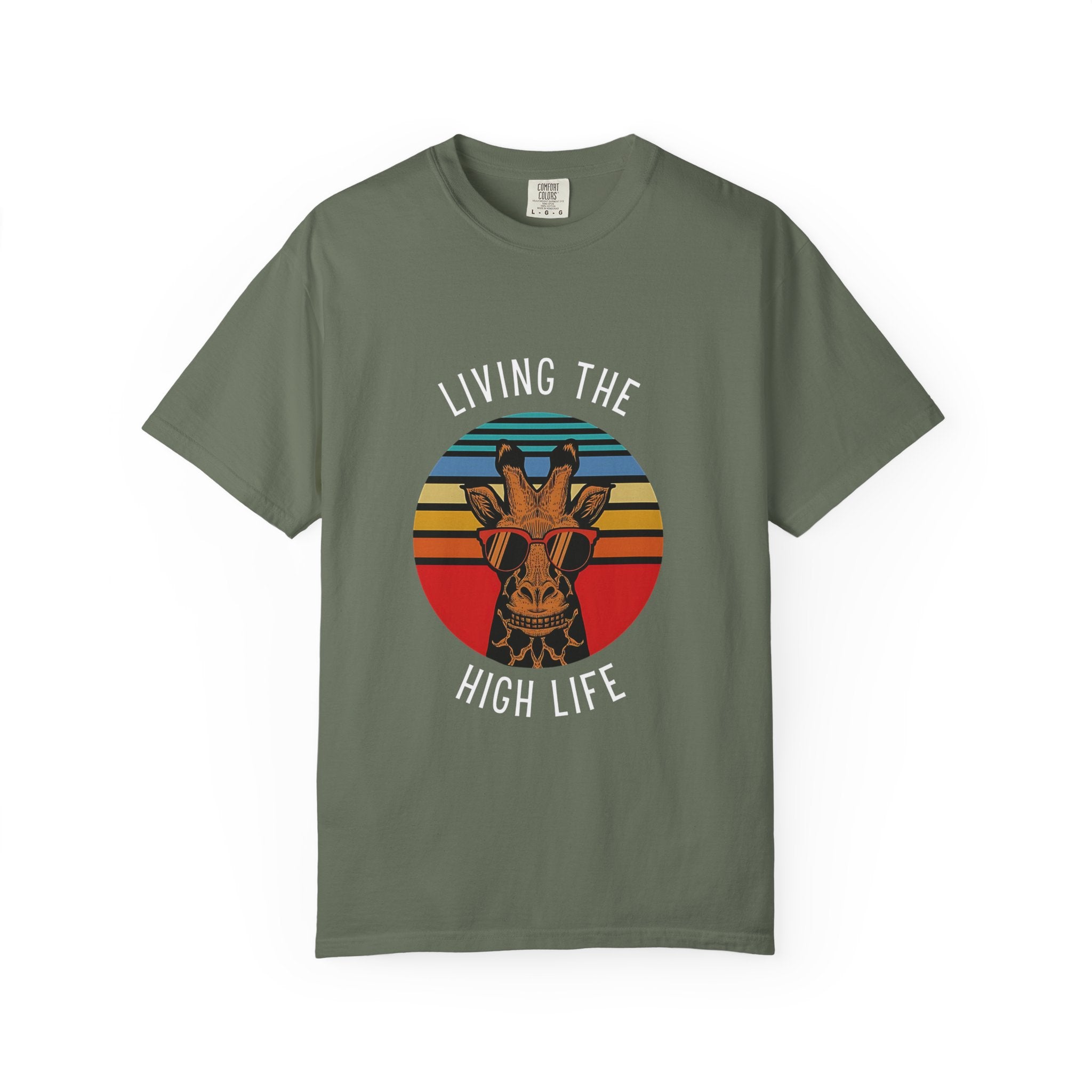Living The High Life Giraffe T-Shirt | Unisex Garment-Dyed Tee, Trendy Animal Shirt, Birthday Gift, Casual Wear, Summer Style