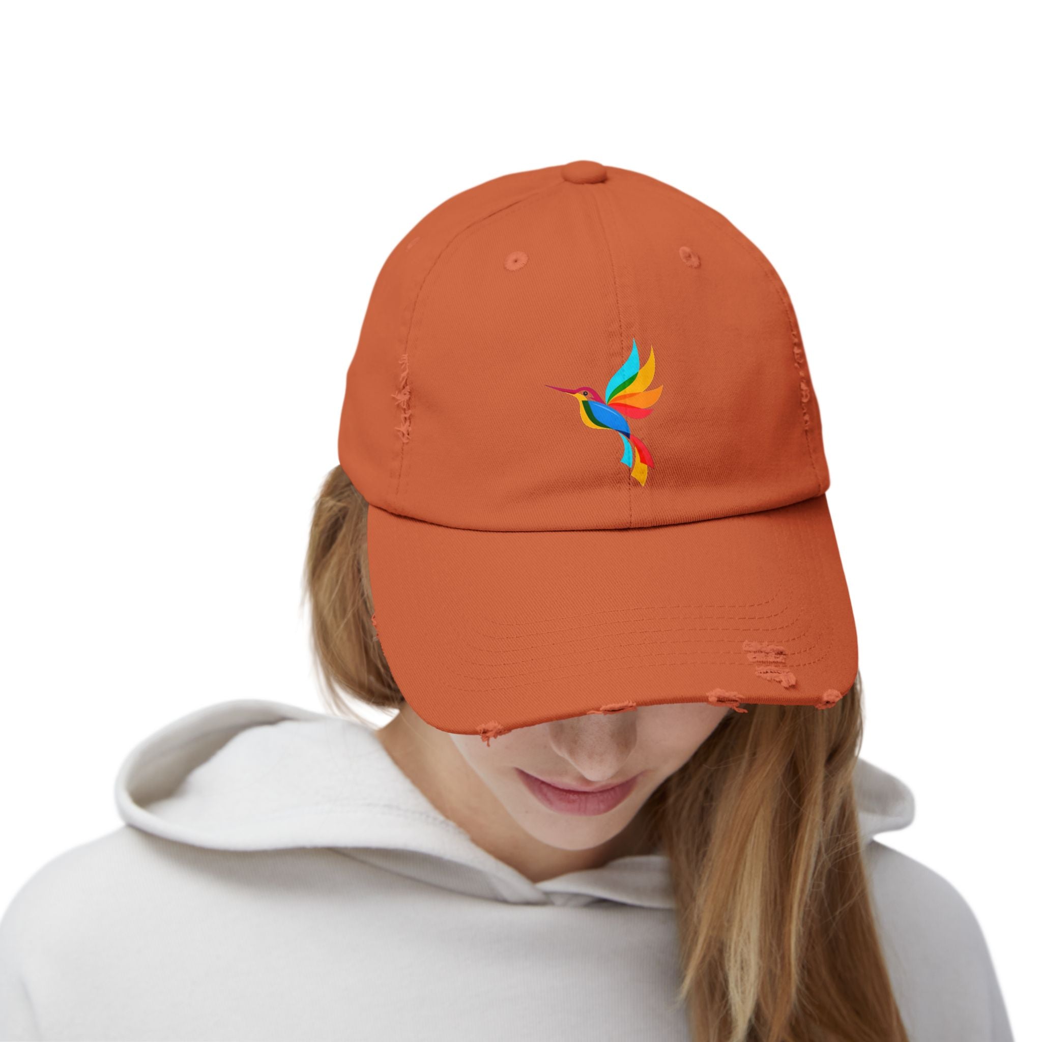 Colorful Hummingbird Unisex Distressed Cap, Casual Summer Hat, Trendy Dad Hat, Outdoor Accessories, Gift for Nature Lovers