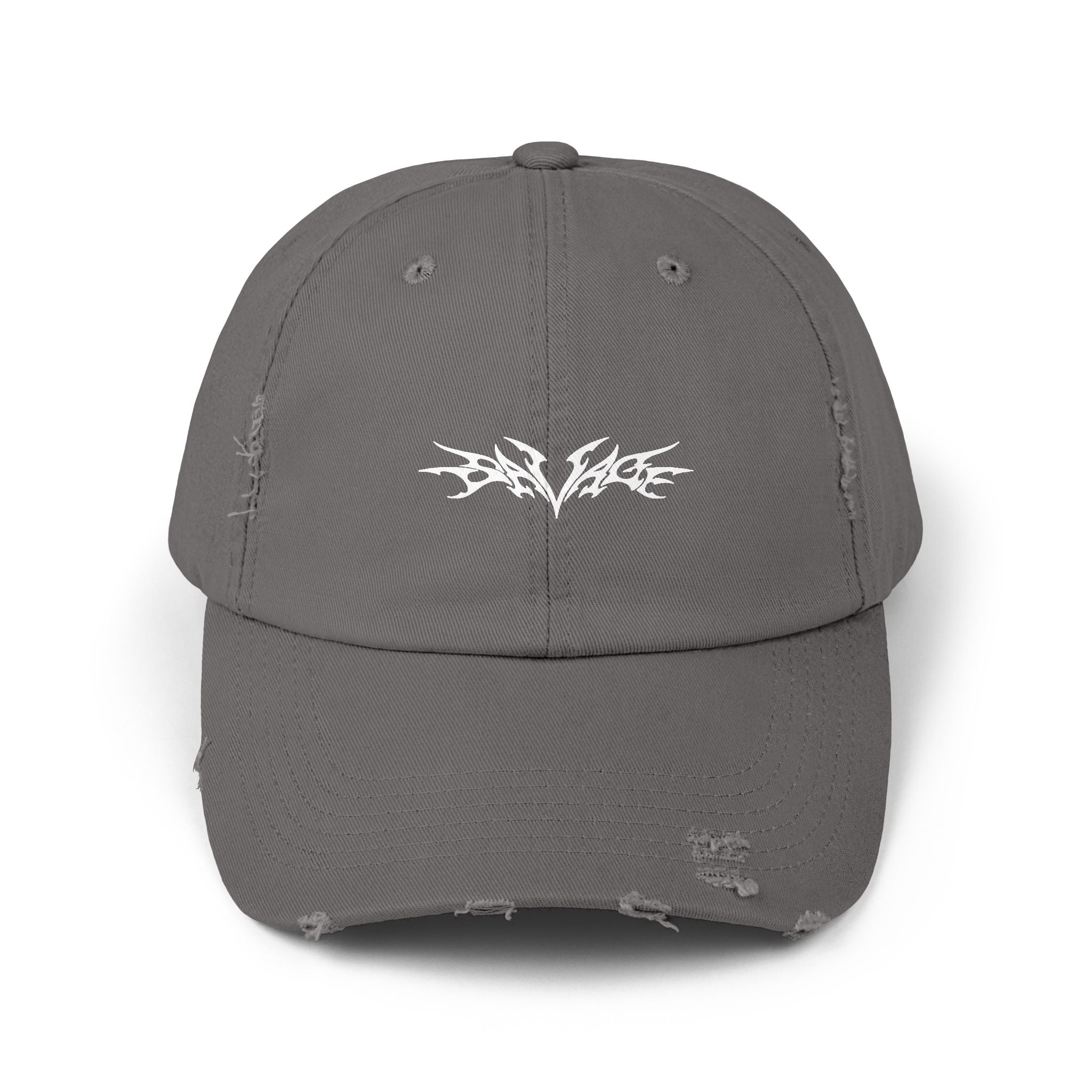 Distressed Black Cap with White Tribal Emblem - Vintage Dad Hat