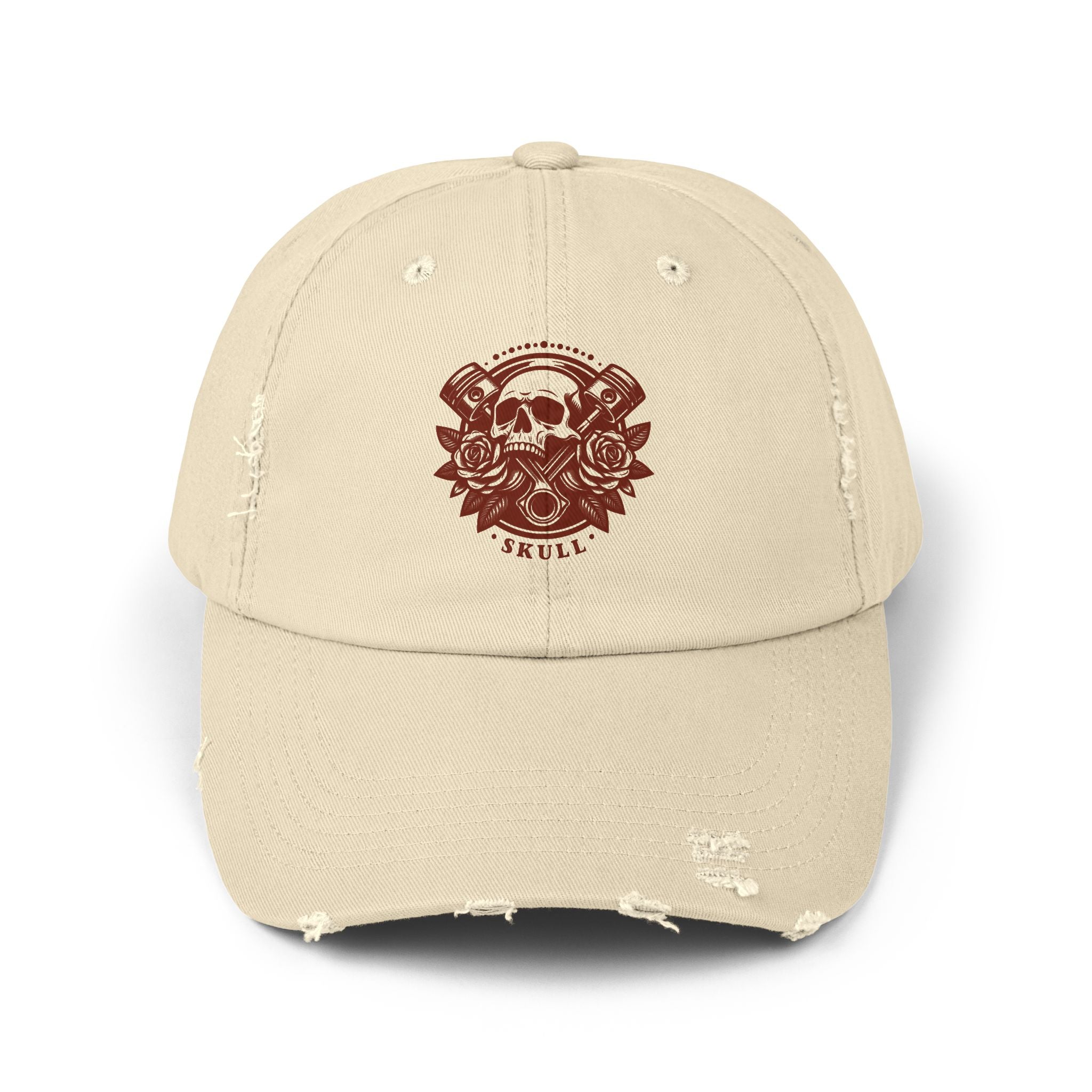 Distressed Skull & Roses Baseball Cap — Vintage Beige Dad Hat
