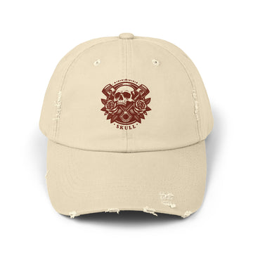 Distressed Skull & Roses Baseball Cap — Vintage Beige Dad Hat