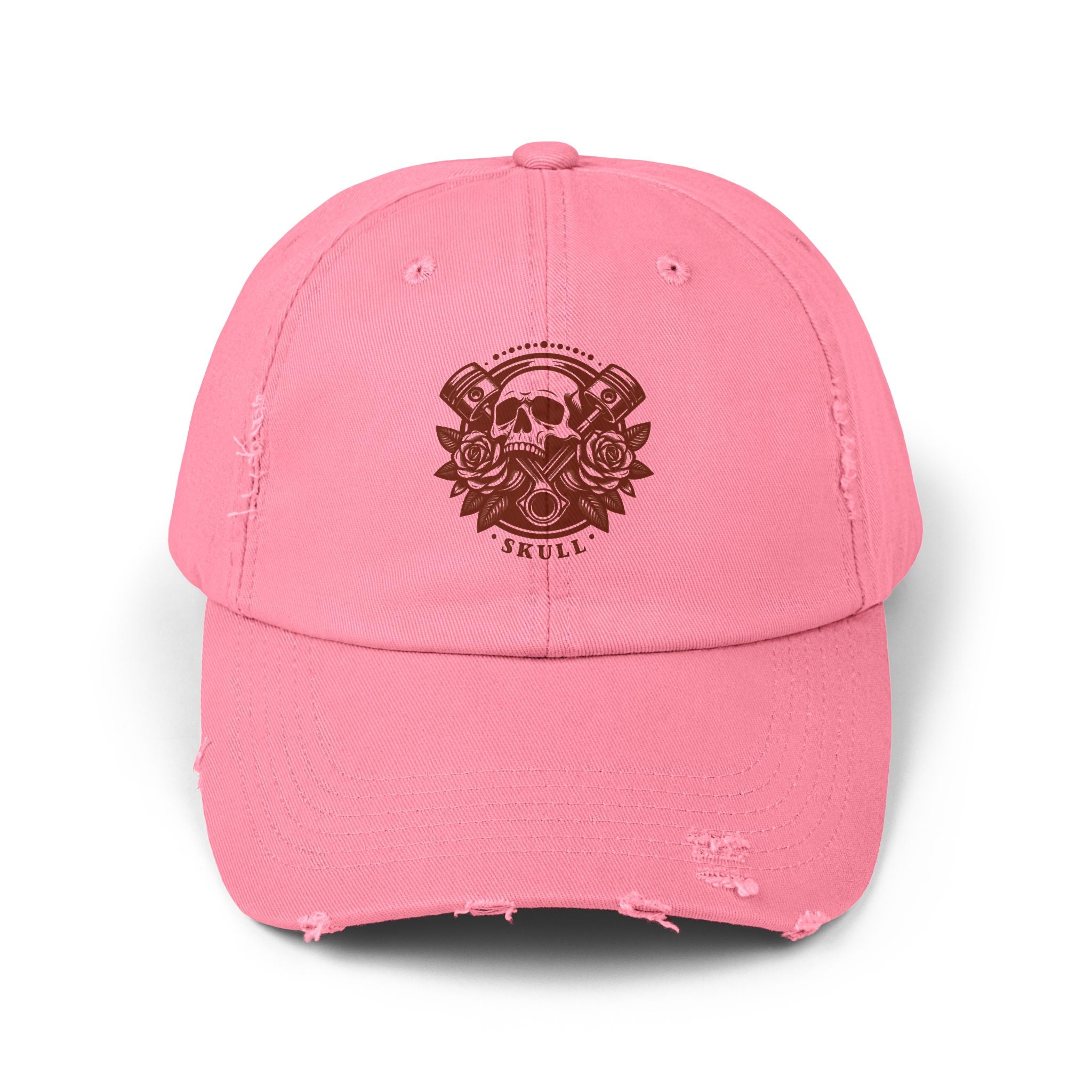 Distressed Skull & Roses Baseball Cap — Vintage Beige Dad Hat