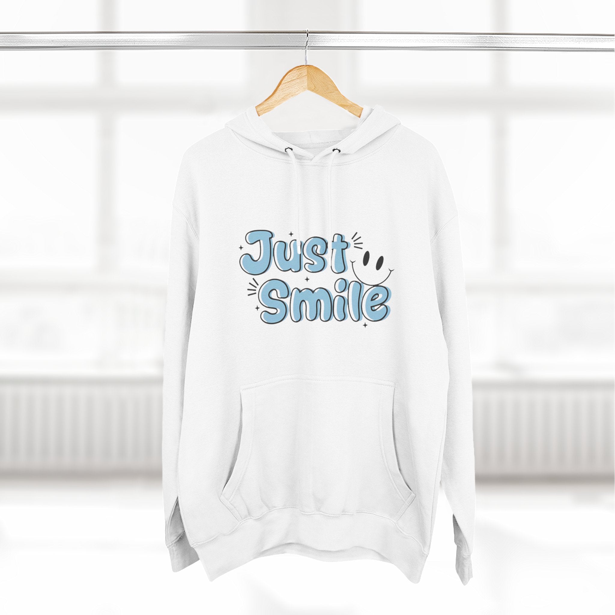 Just Smile Three-Panel Fleece Hoodie, Cozy Hoodie, Gift for Her, Motivational Apparel, Casual Wear, Cute Sweatshirt