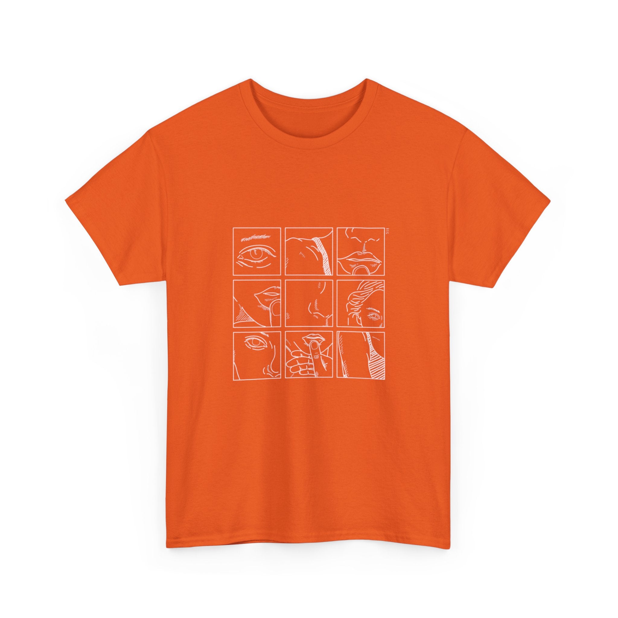 Graphic Tee — 'Here' Block Letter Design with Abstract Faces