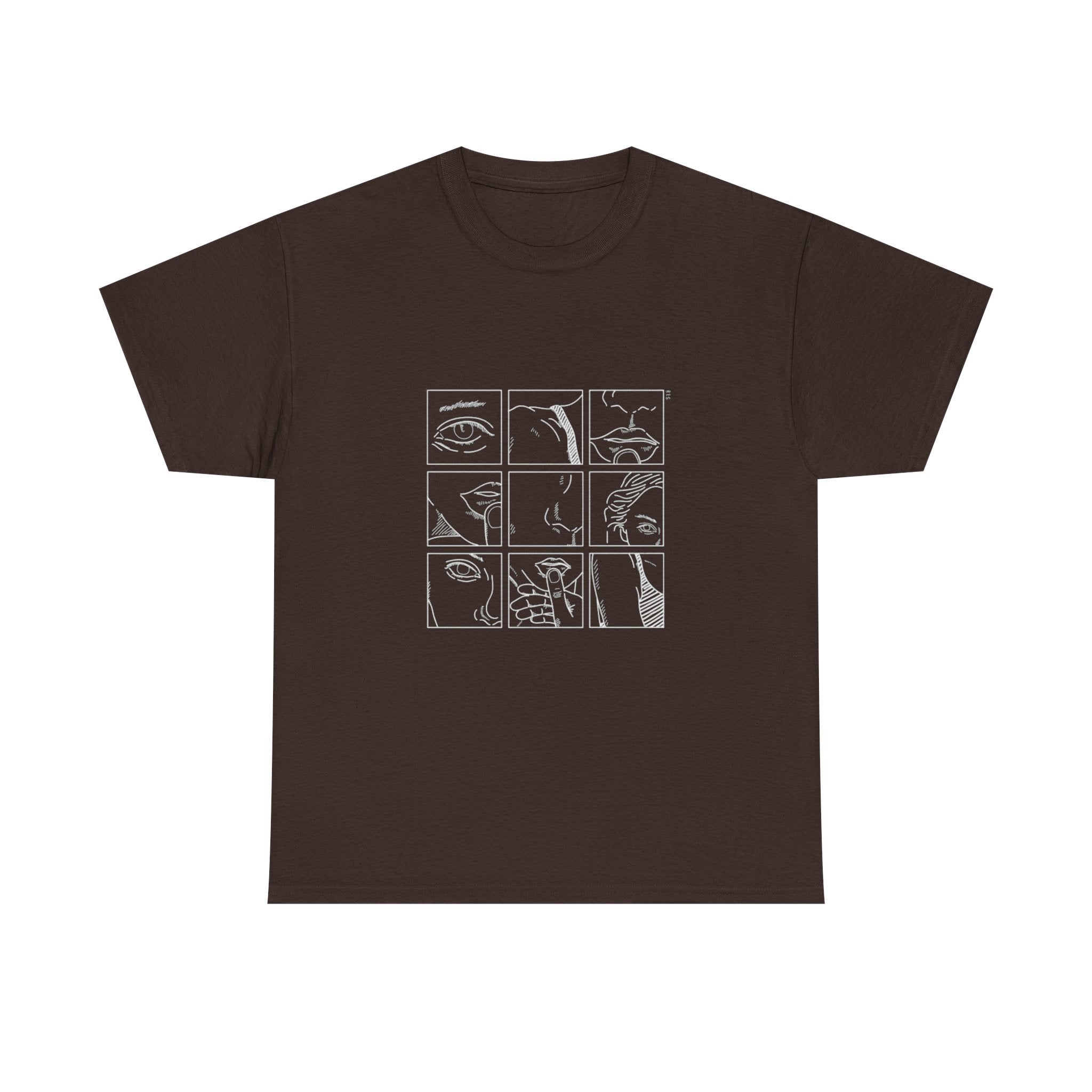 Graphic Tee — 'Here' Block Letter Design with Abstract Faces