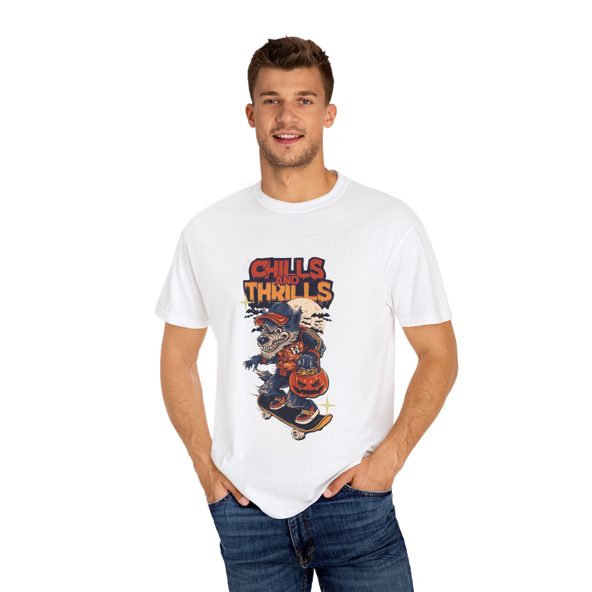 Chills and Thrills Graphic T-Shirt, Unisex Tee, Halloween Apparel, Skateboarder Shirt, Spooky Casual Wear, Perfect Gift for Fall