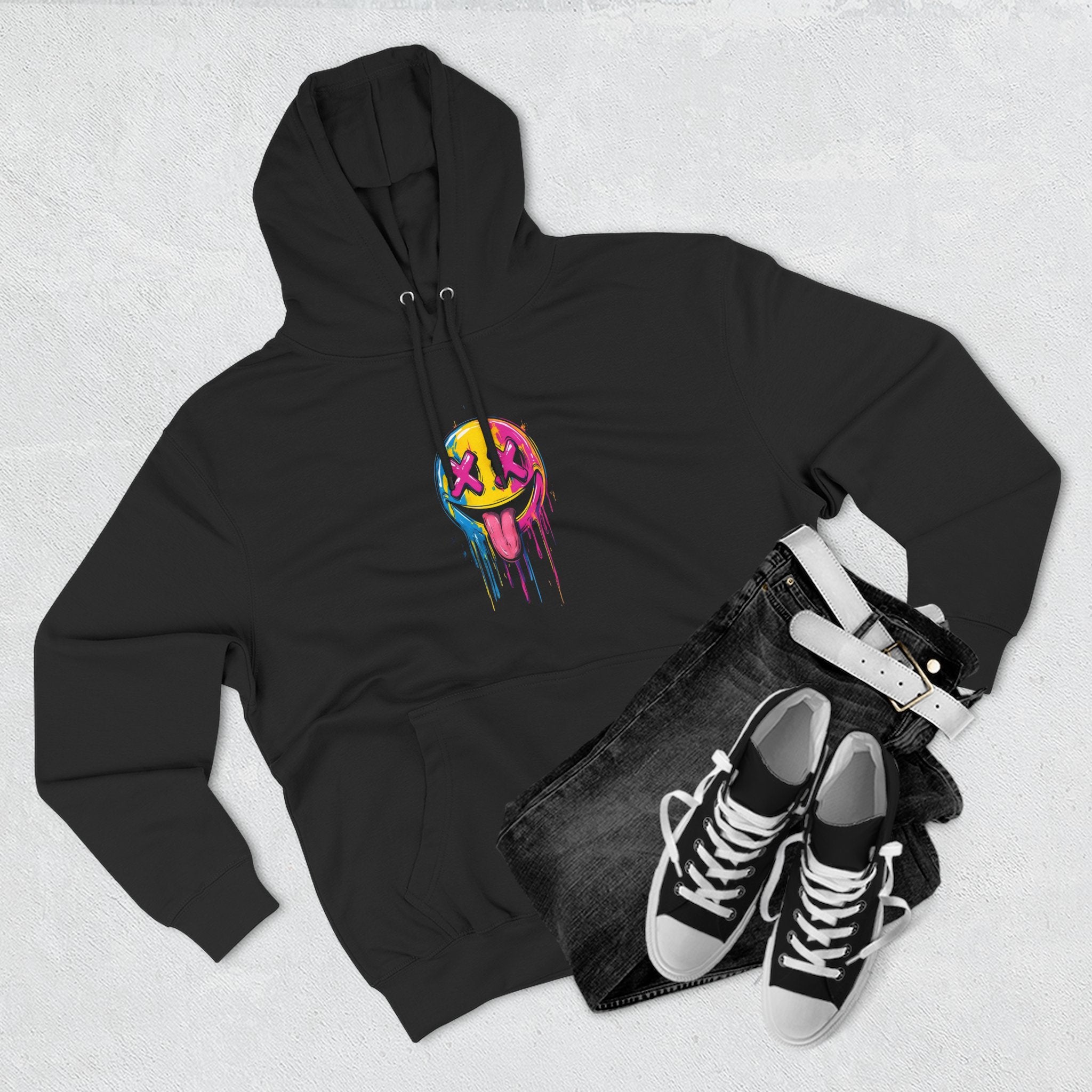 Colorful Drippy Smile Hoodie, Unisex Fleece Sweatshirt, Graphic Hoodie for Festivals, Streetwear, Casual Wear