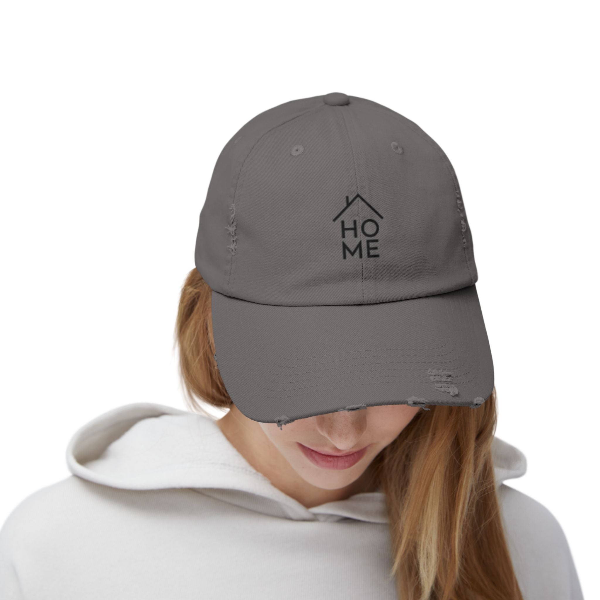 Distressed 'HOME' Baseball Cap – Minimal House Logo Dad Hat