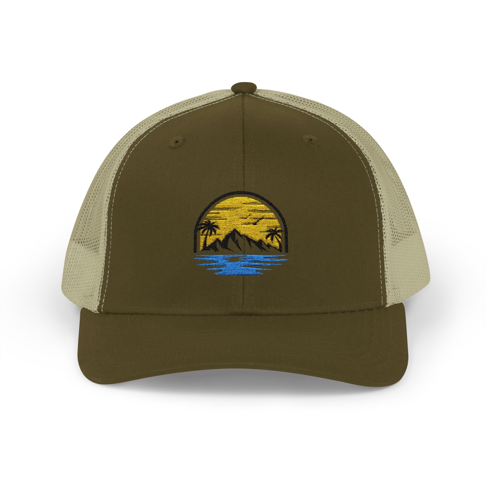 Trucker Cap — Embroidered Sunset Mountain & Ocean Patch