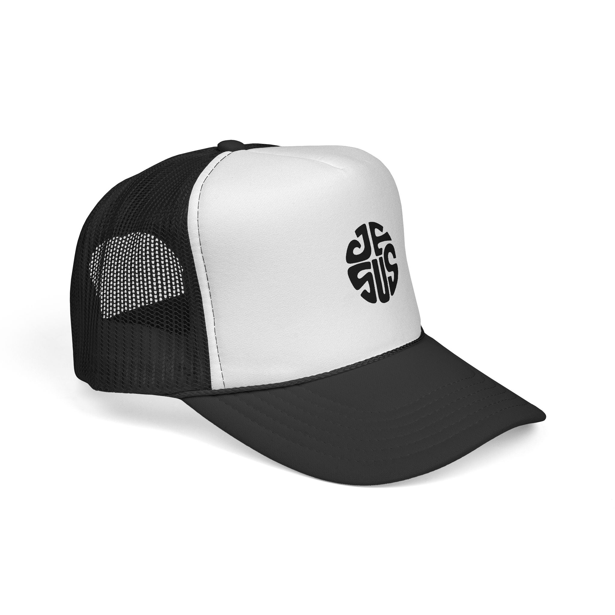 Trucker Cap — Retro Circular “JESUS” Logo Embroidered Hat