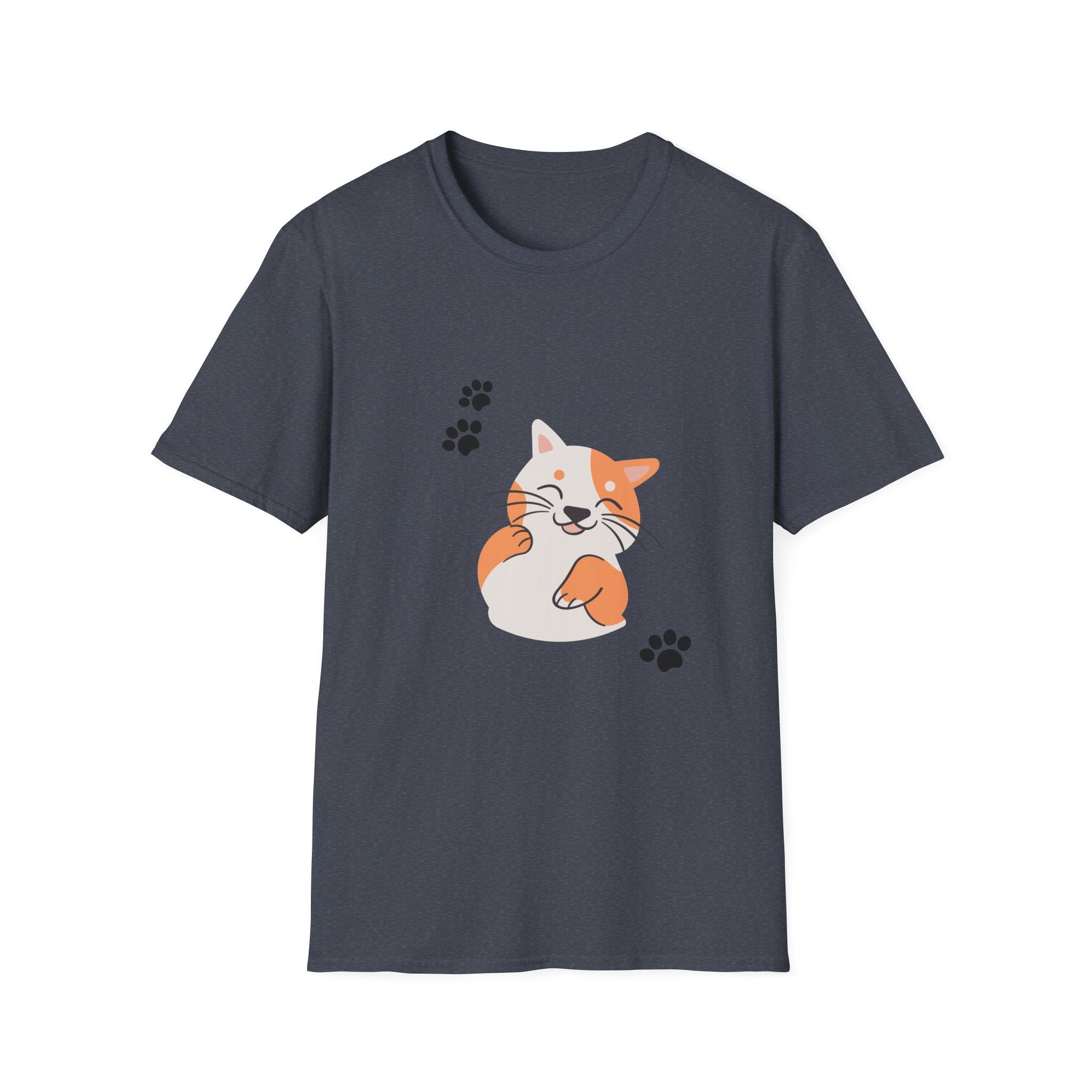 Cute Paw-Print Cat T-Shirt — Smiling Calico Kitten Graphic Tee for Cat Lovers